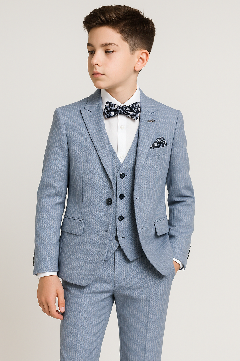 Boys 5-Piece Slim Fit Pinstripe Suit - CIZGILI - Light Blue Model Picture