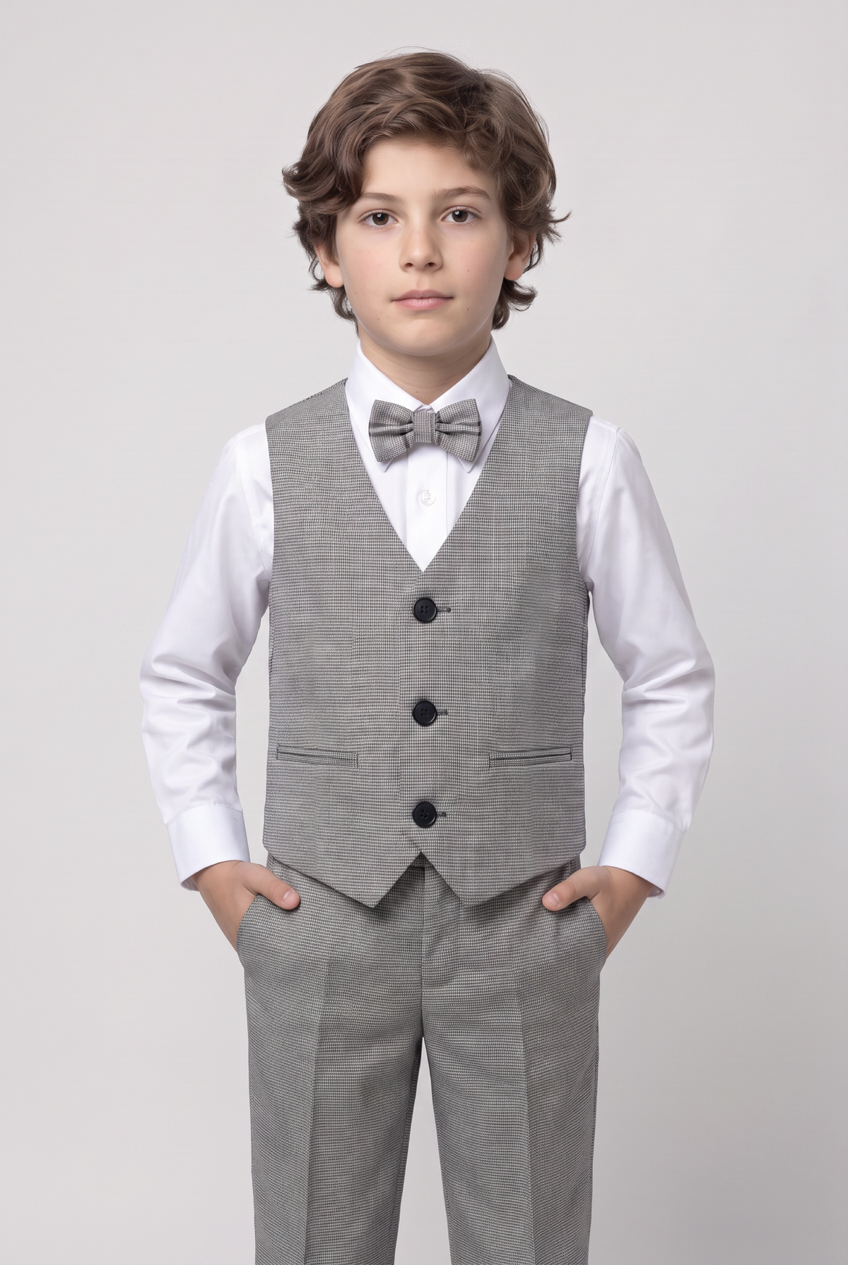 Boys 5-Piece Slim Fit Windowpane Check Suit - Ekose - ASH GREY & BLACK