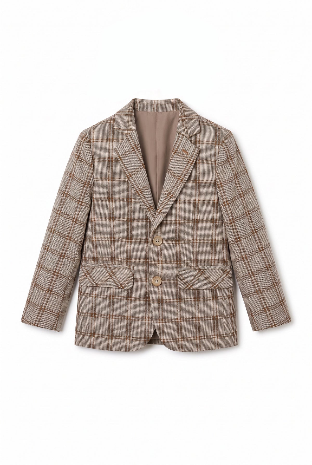 Boys 5-Piece Slim Fit Windowpane Check Suit - Ekose - CREAM & TAUPE BROWN Blazer front picture