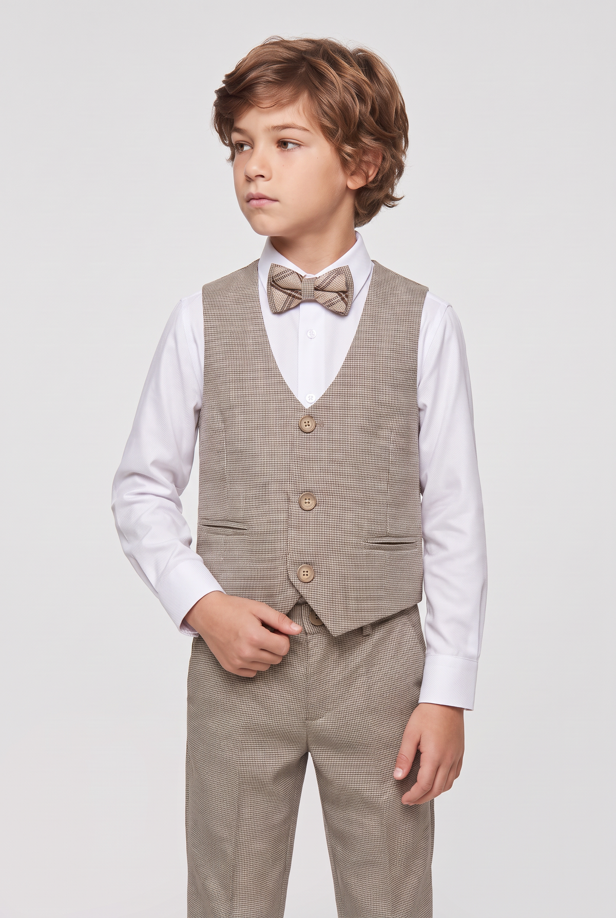 Boys 5-Piece Slim Fit Windowpane Check Suit - Ekose - CREAM & TAUPE BROWN Model Picture