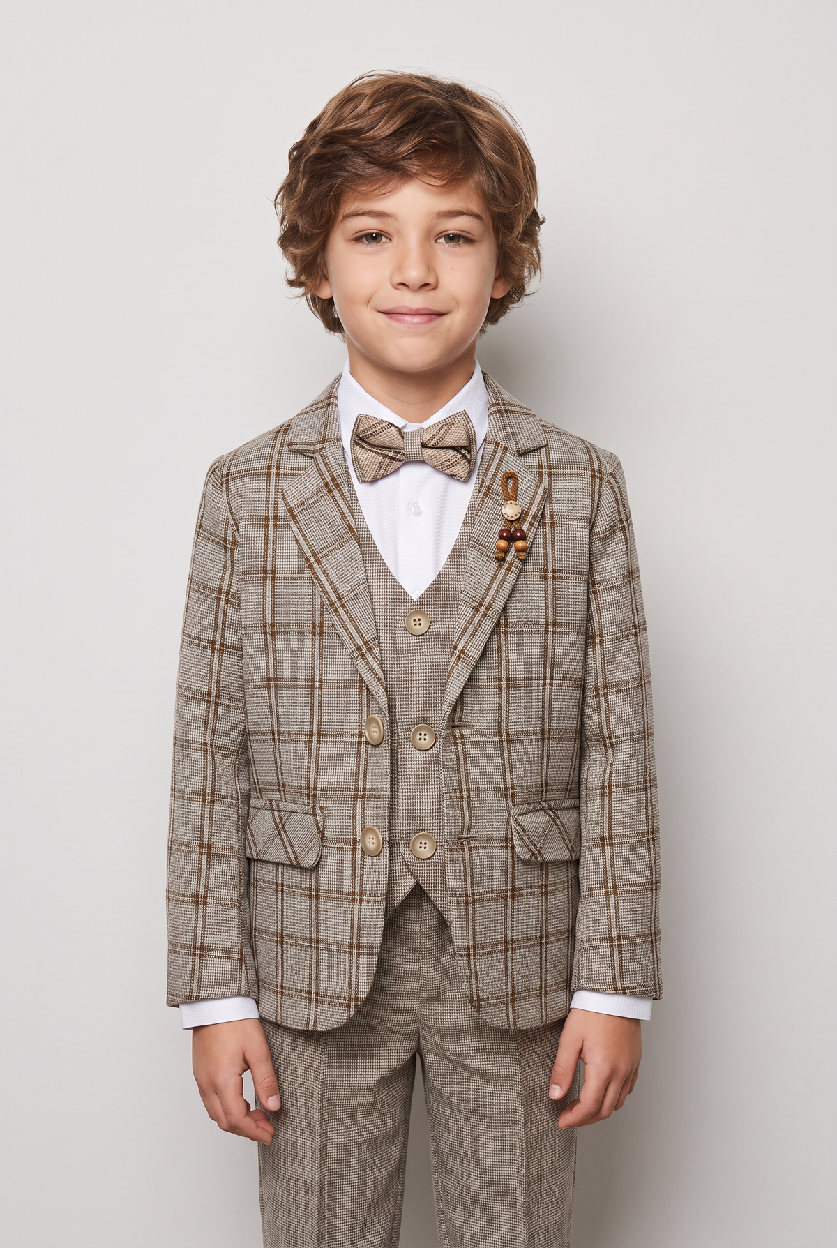 Boys 5-Piece Slim Fit Windowpane Check Suit - Ekose - CREAM & TAUPE BROWN