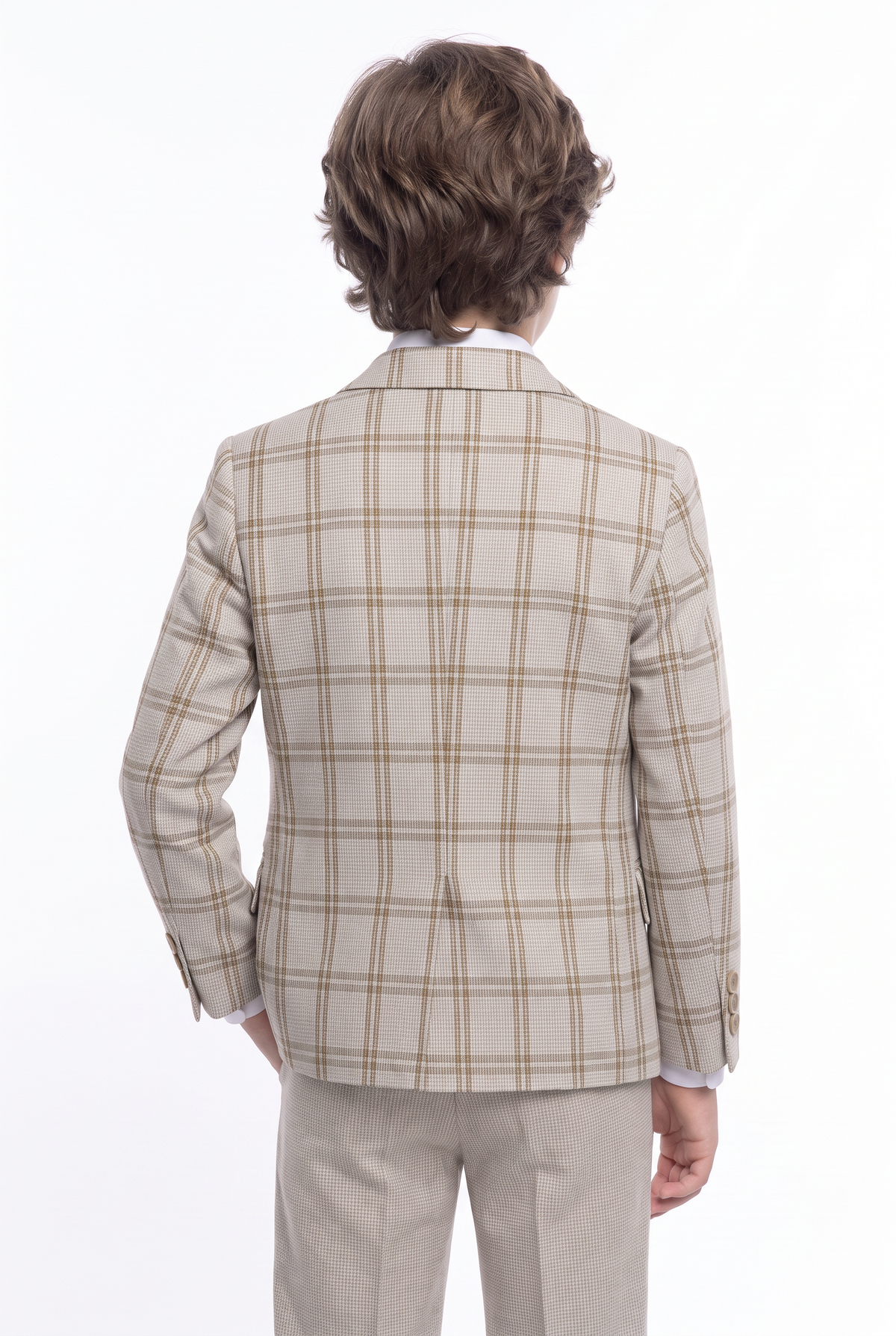 Boys 5-Piece Slim Fit Windowpane Check Suit - Ekose - IVORY & CARAMEL BEIGE back picture
