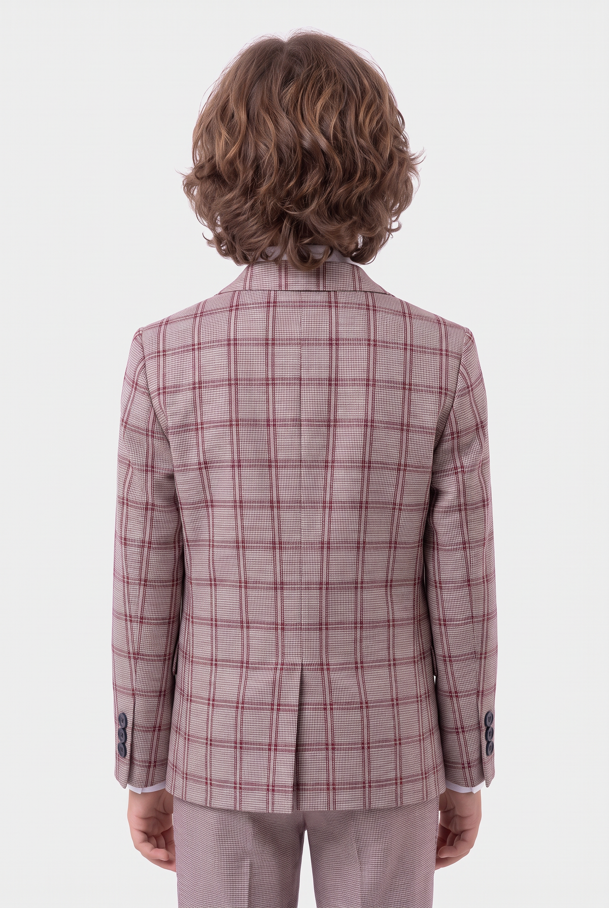 Boys 5-Piece Slim Fit Windowpane Check Suit - Ekose - LILAC & BROWN Model Back Picture