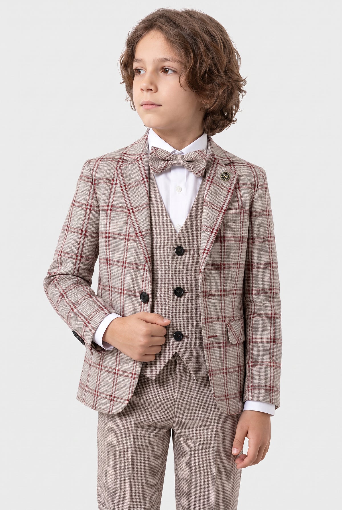 Boys 5-Piece Slim Fit Windowpane Check Suit - Ekose - LILAC & BURGUNDY Model Picture
