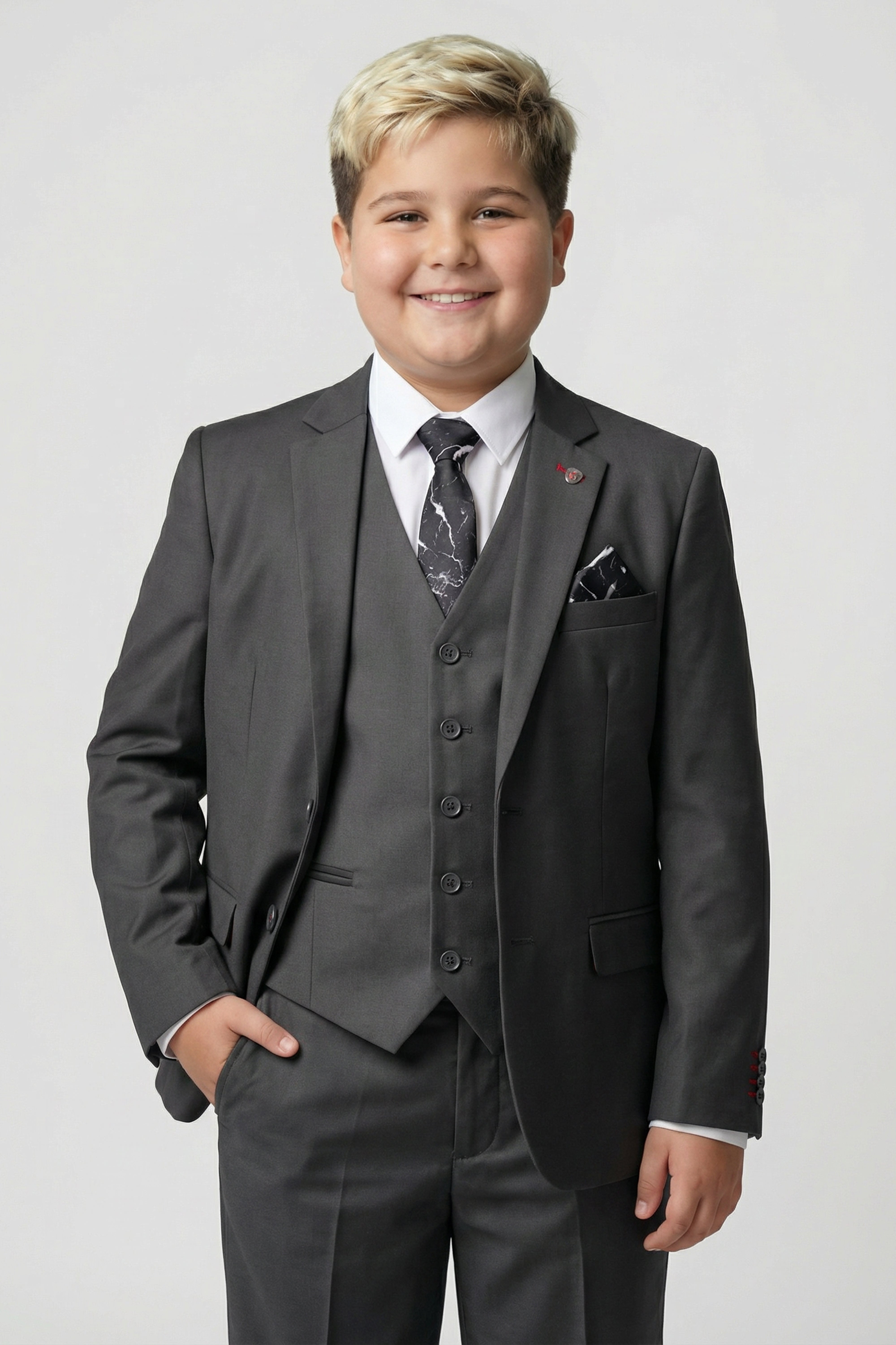 Boys 5-Piece Tailored Fit Formal Suit - Grant - Charcoal Grey Husky Size Model Picture