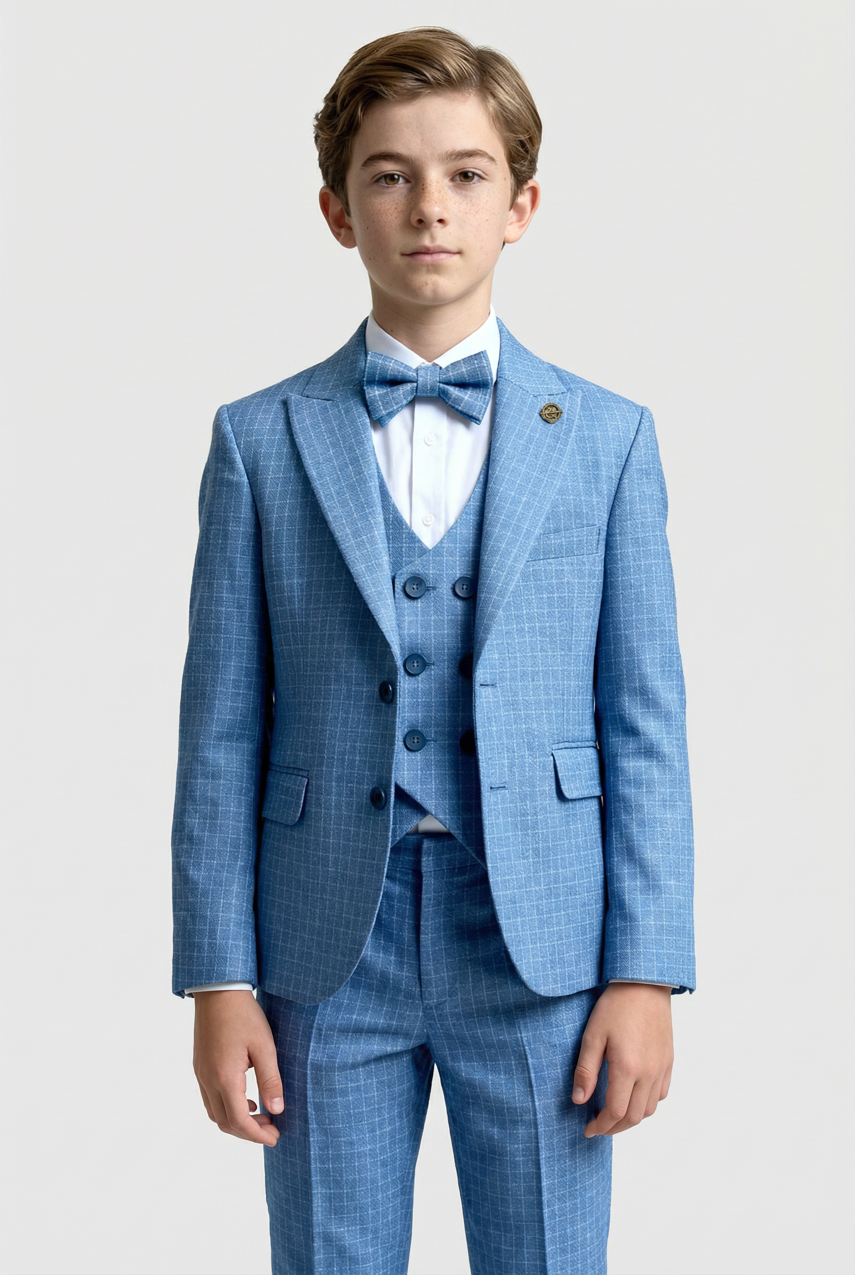 Boys 5-Piece Textured Micro Check Suit - KARELI - Blue Front Picture