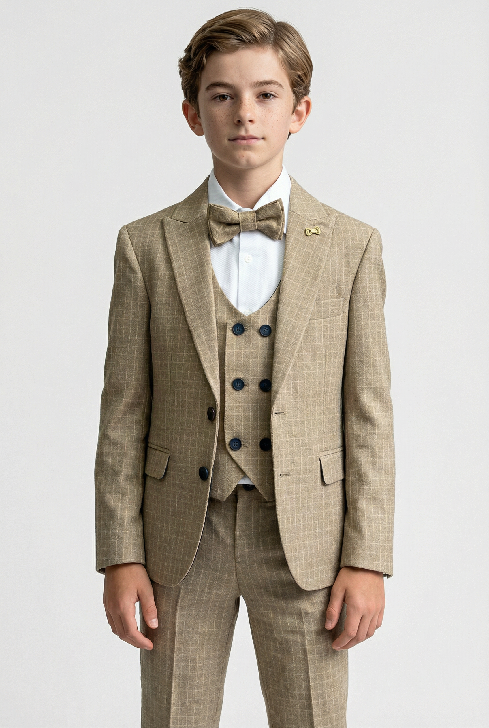 Boys 5-Piece Textured Micro Check Suit - KARELI - Camel Beige Front Picture