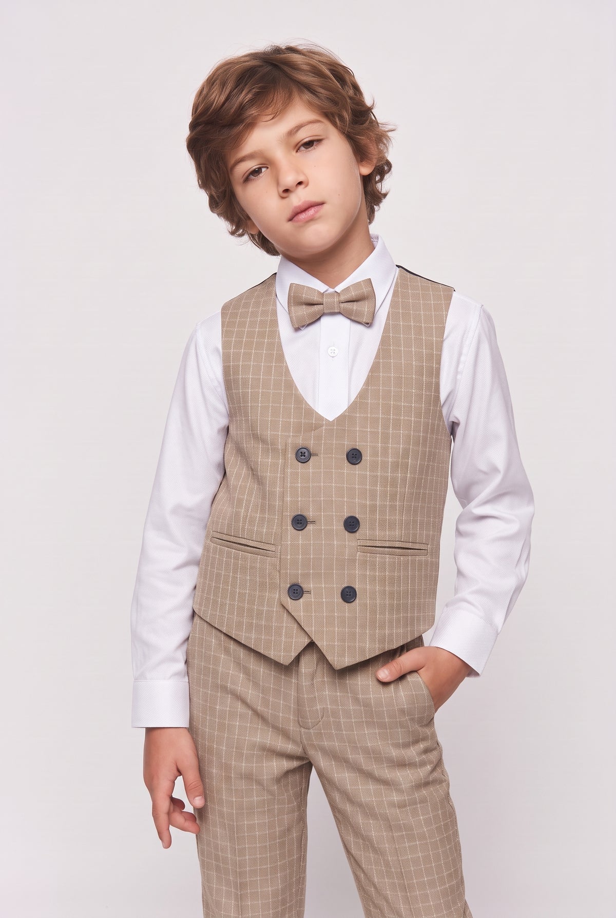 Boys 5-Piece Textured Micro Windowpane Check Suit - KARELI- Beige Waistcoat model Picture