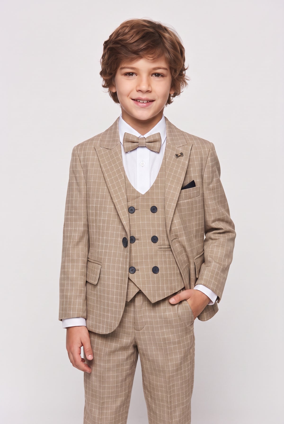 Boys 5-Piece Textured Micro Windowpane Check Suit - KARELI- Beige Model Picture