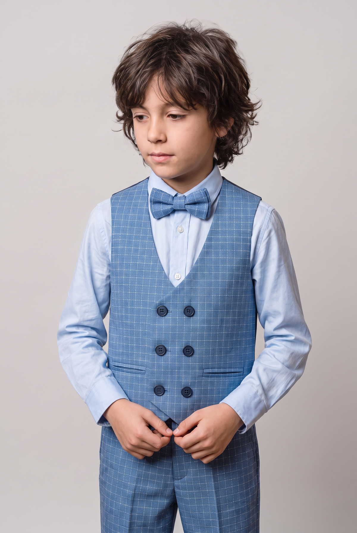 Boys 5-Piece Textured Micro Windowpane Check Suit - KARELI- Blue Front Picture