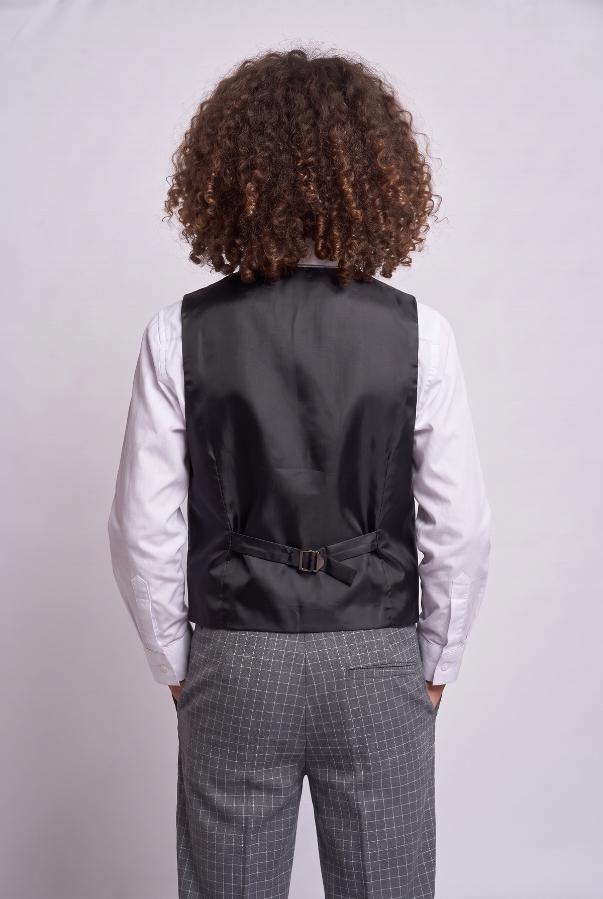 Boys 5-Piece Textured Micro Windowpane Check Suit - KARELI- Charcoal Grey Back Picture