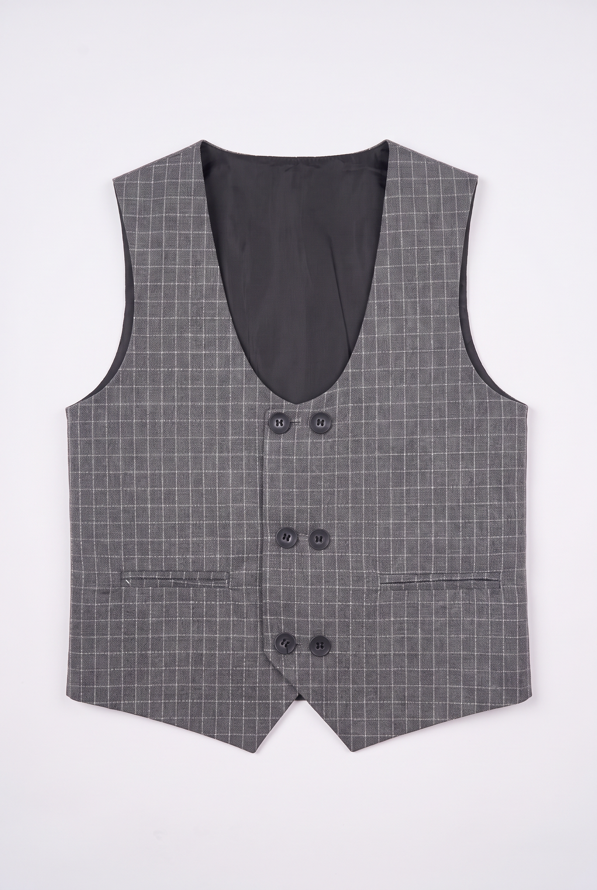 Boys 5-Piece Textured Micro Windowpane Check Suit - KARELI- Charcoal Grey Waistcoat Front Picture