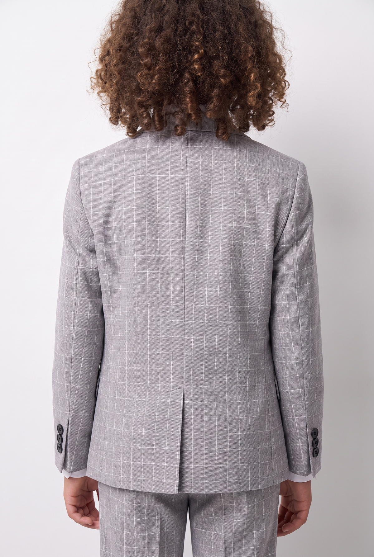 Boys 5-Piece Textured Micro Windowpane Check Suit - KARELI- Light Grey model back picture