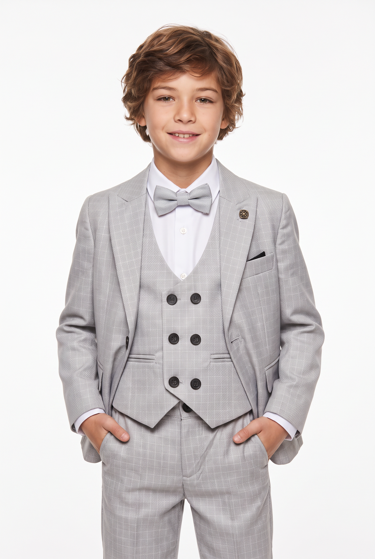 Boys 5-Piece Textured Micro Windowpane Check Suit - KARELI- Stone Model Picture