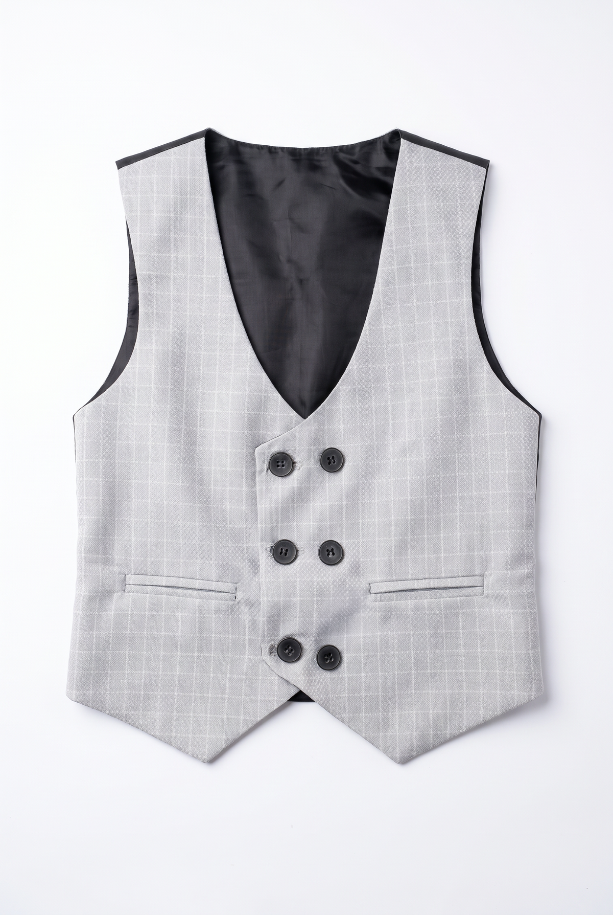 Boys 5-Piece Textured Micro Windowpane Check Suit - KARELI- Stone Waistcoat Picture