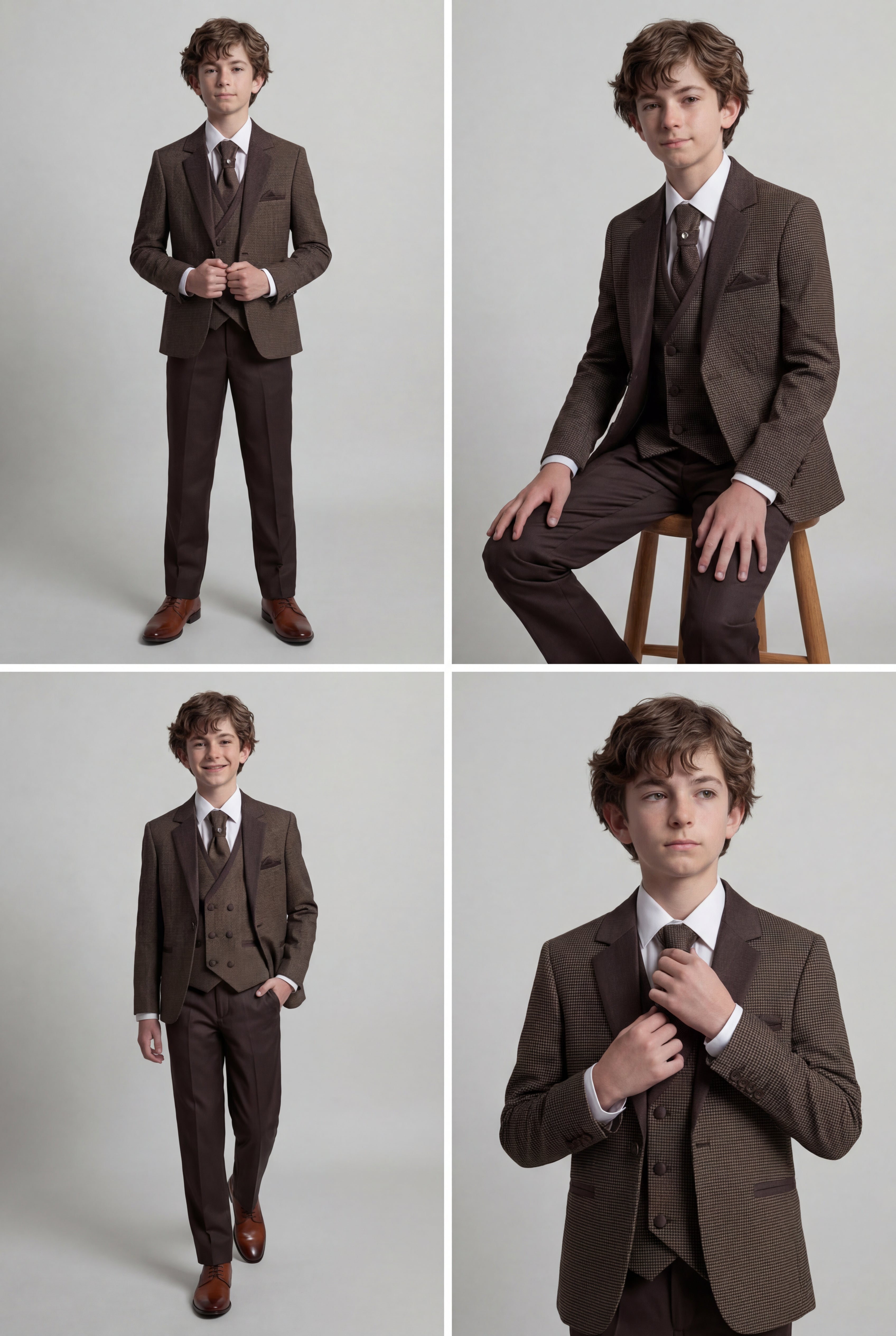 Boys 5-Piece Textured Microcheck Suit - Brown