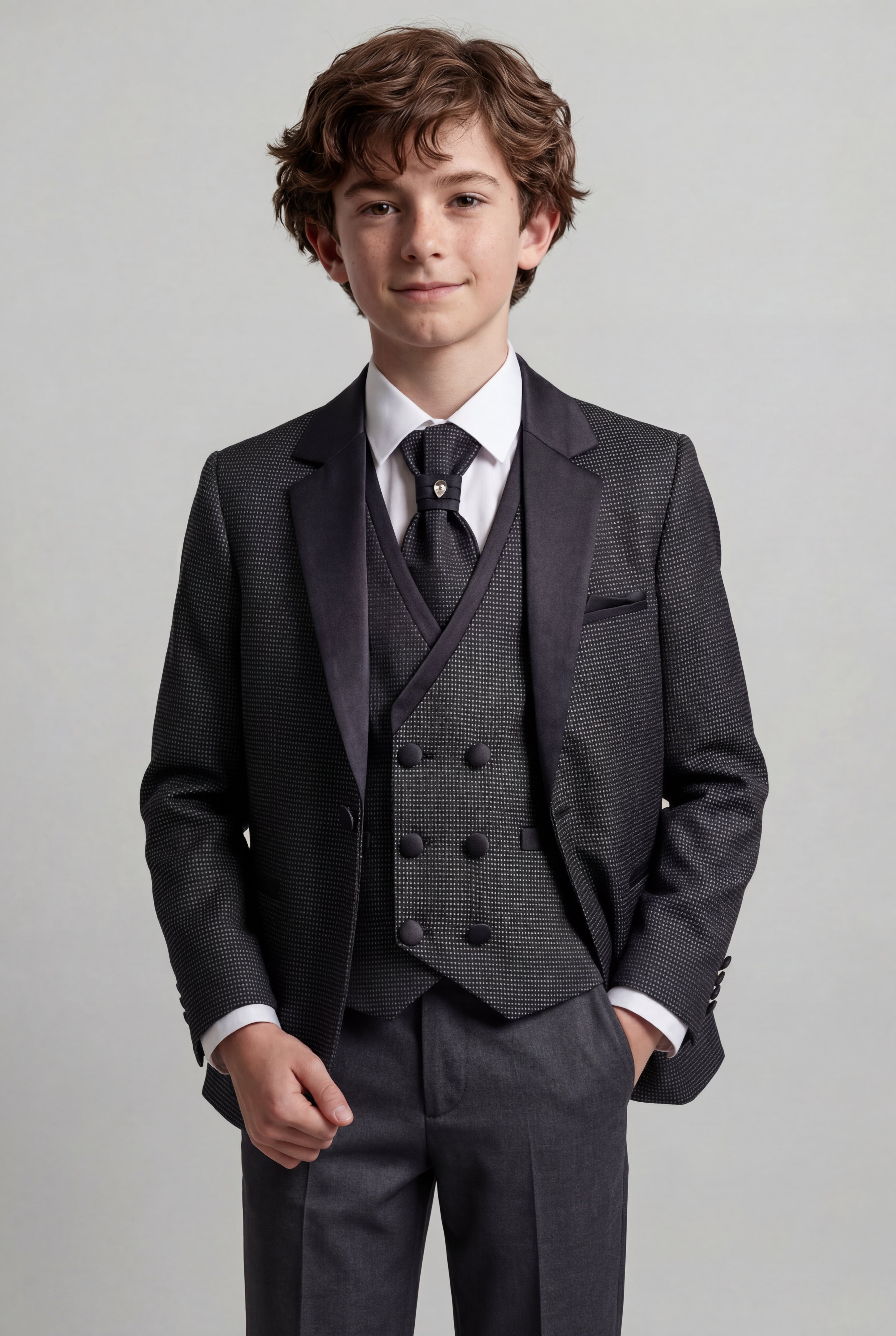 Boys 5-Piece Textured Microcheck Suit - Grey Model Picture