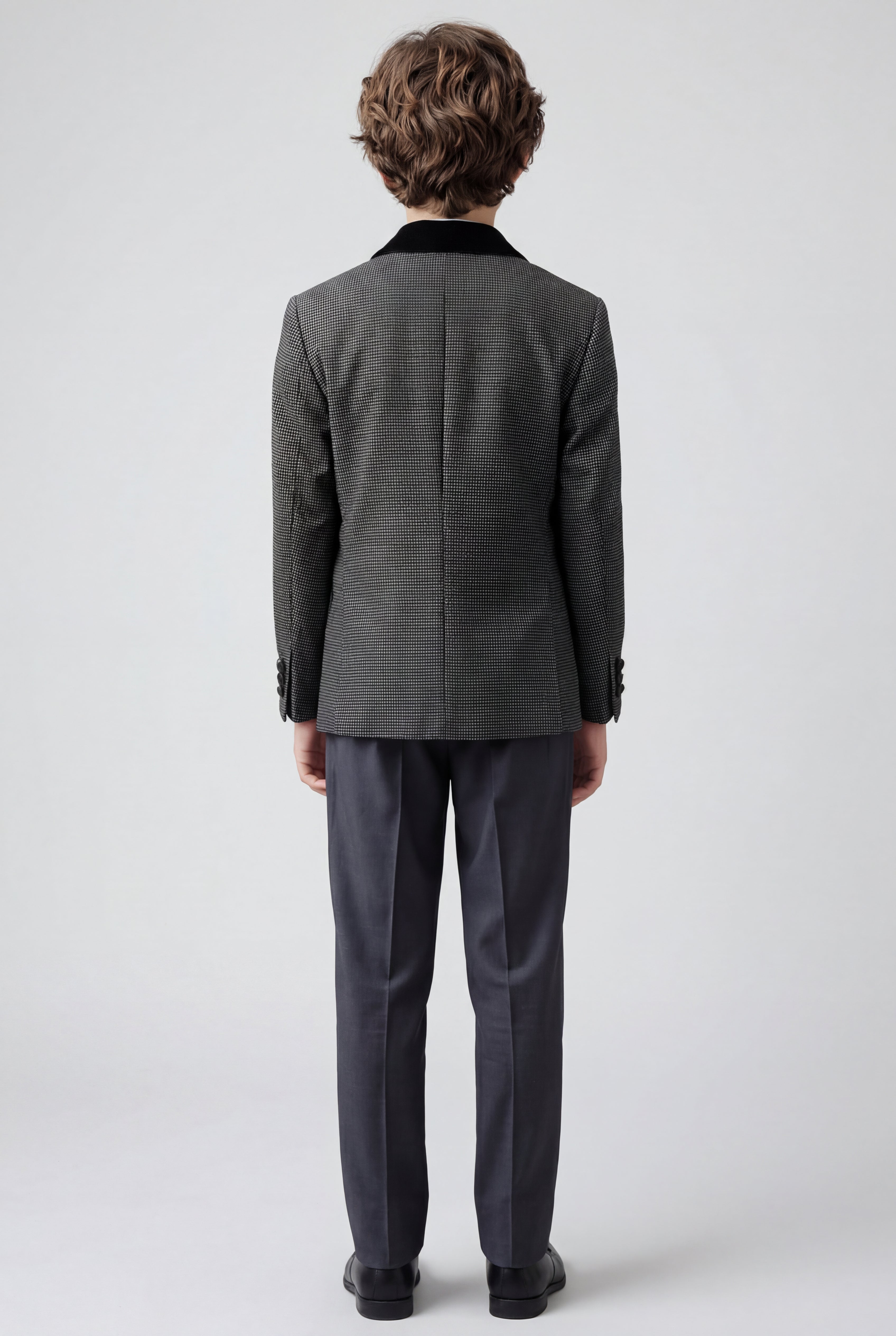 Boys 5-Piece Textured Microcheck Suit - Grey Back Picture