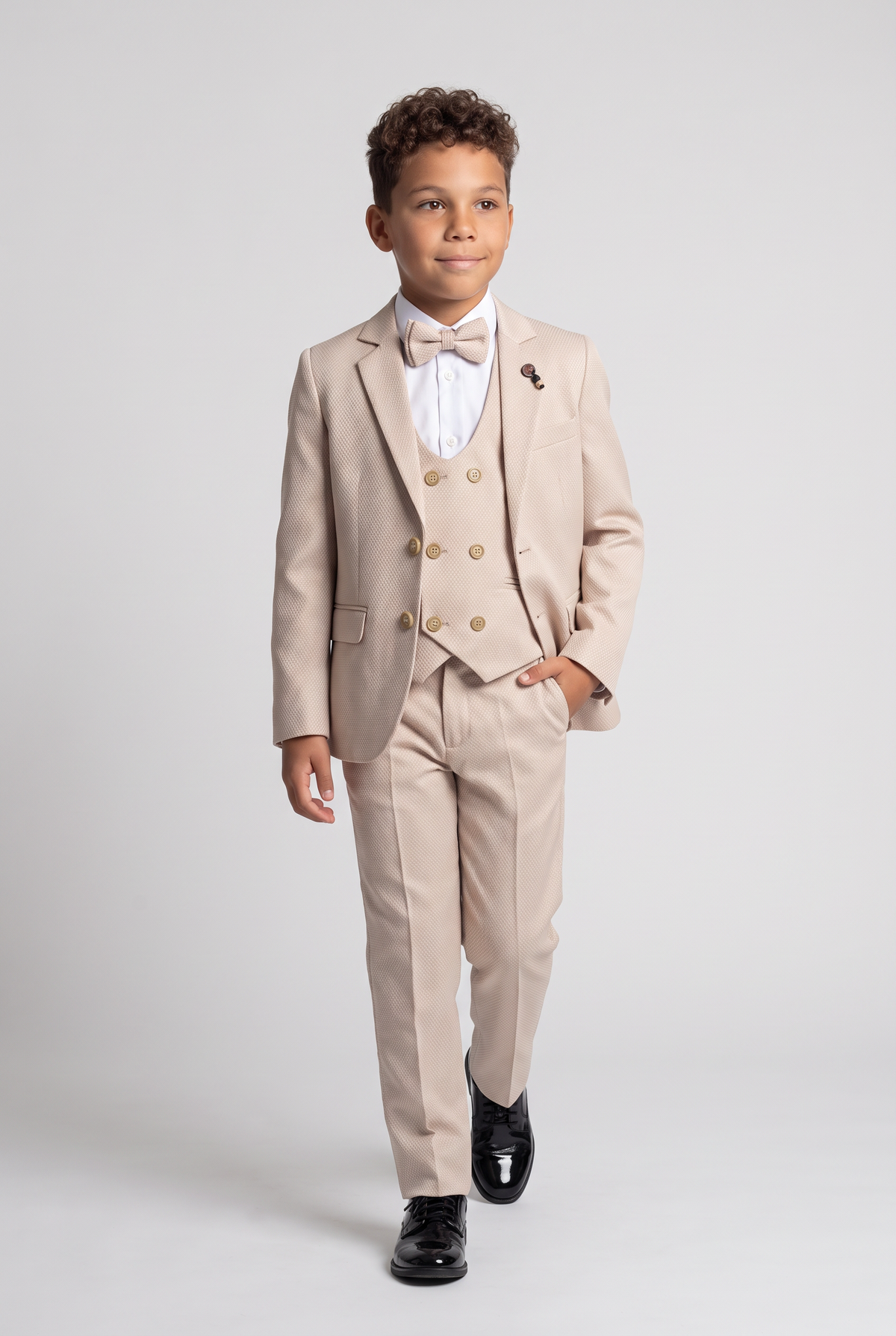 Boys 5-Piece Textured Suit with Double Breasted Waistcoat - Sota Beige Model Front Picture