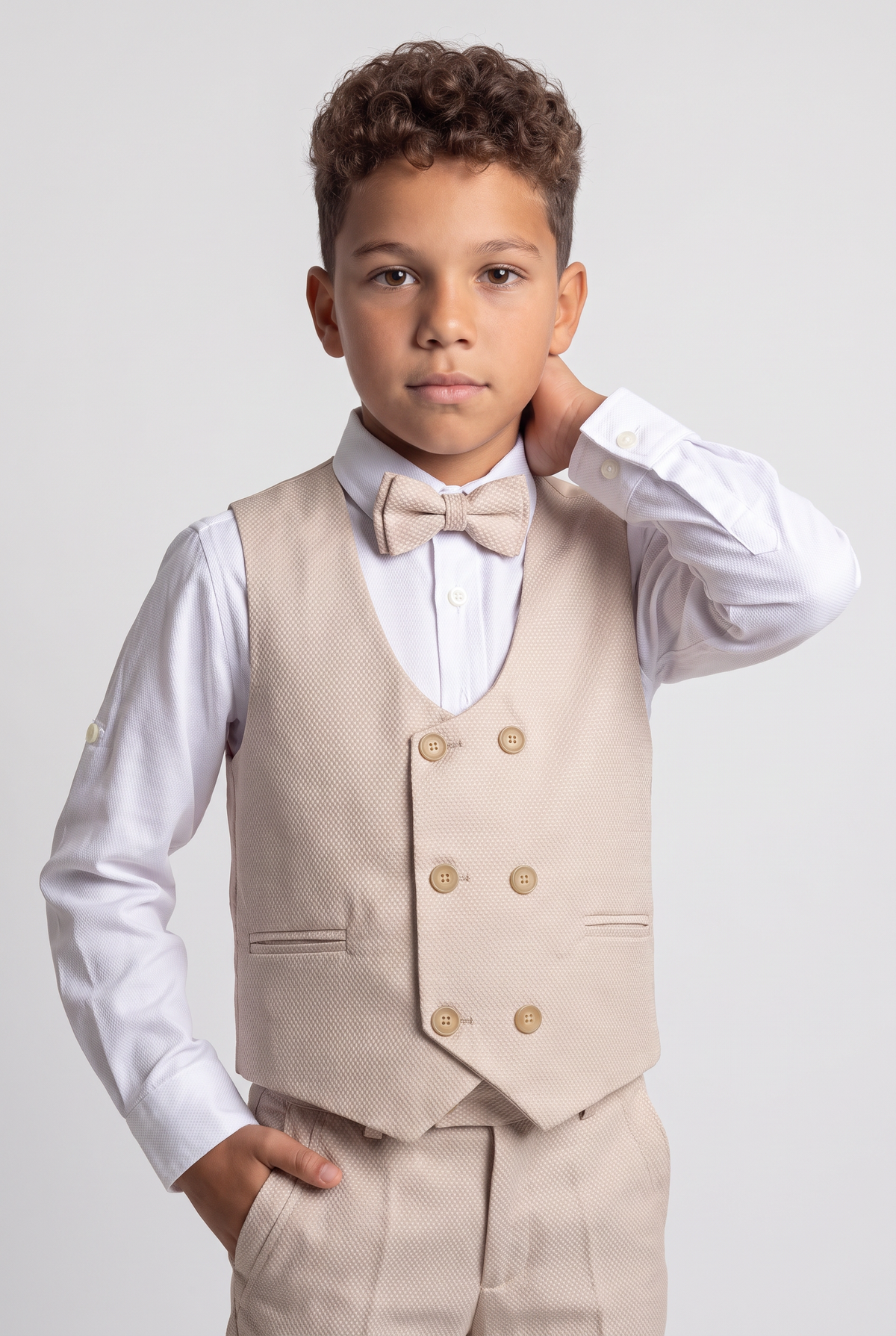 Boys 5-Piece Textured Suit with Double Breasted Waistcoat - Sota Beige Model Waistcoat Picture