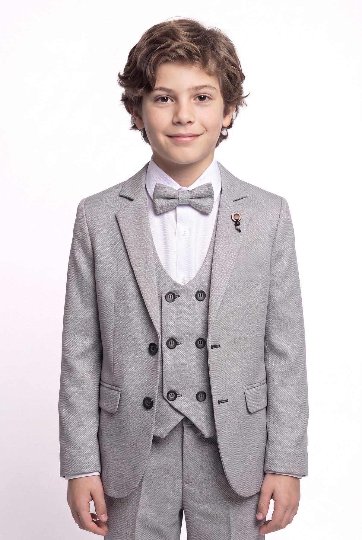 Boys 5-Piece Textured Suit with Double Breasted Waistcoat - Sota Light Grey