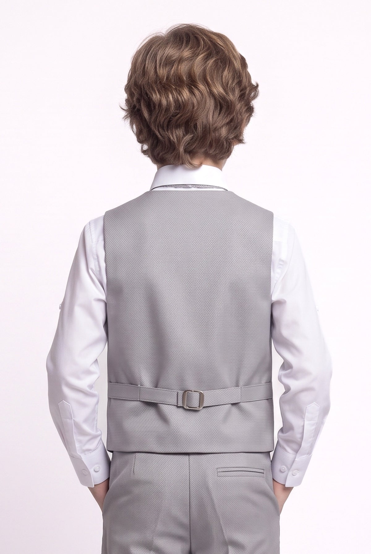 Boys 5-Piece Textured Suit with Double Breasted Waistcoat - Sota Tan Back Picture