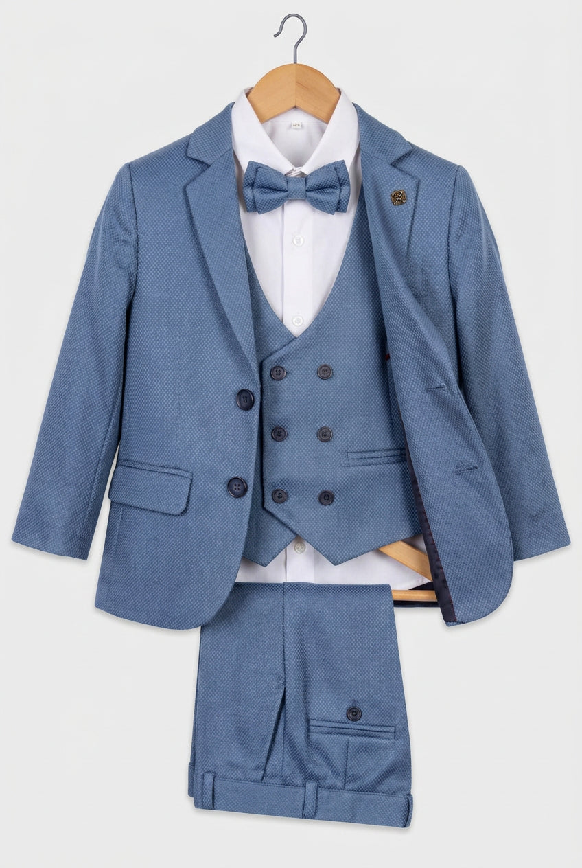 Boys 5-Piece Textured Weave Suit with Double Breasted Waistcoat - Indigo Blue