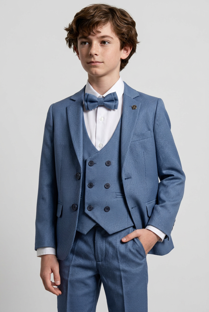 Boys 5-Piece Textured Weave Suit with Double Breasted Waistcoat - Indigo Blue