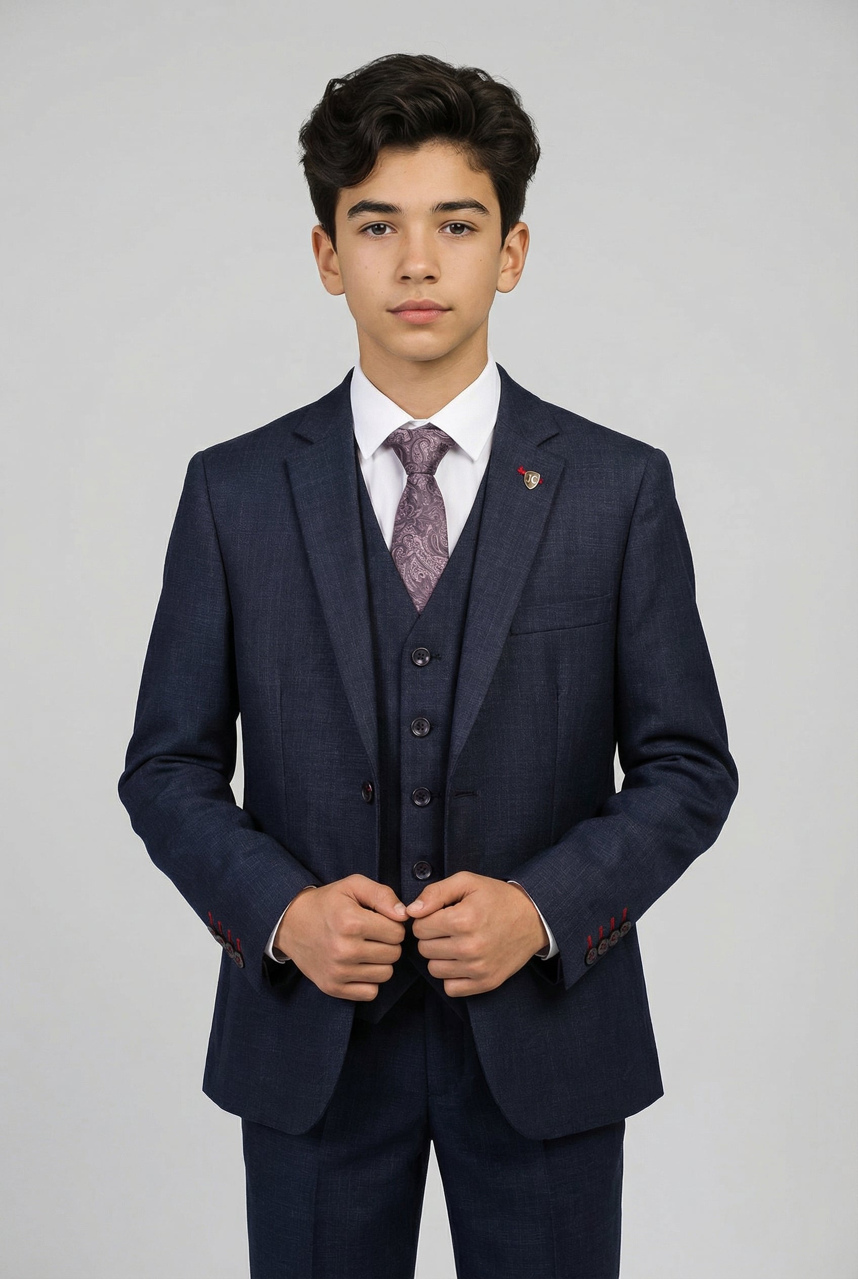 Boys 5-Piece Textured Weave Tailored Fit Suit - LORENZO - Navy Blue