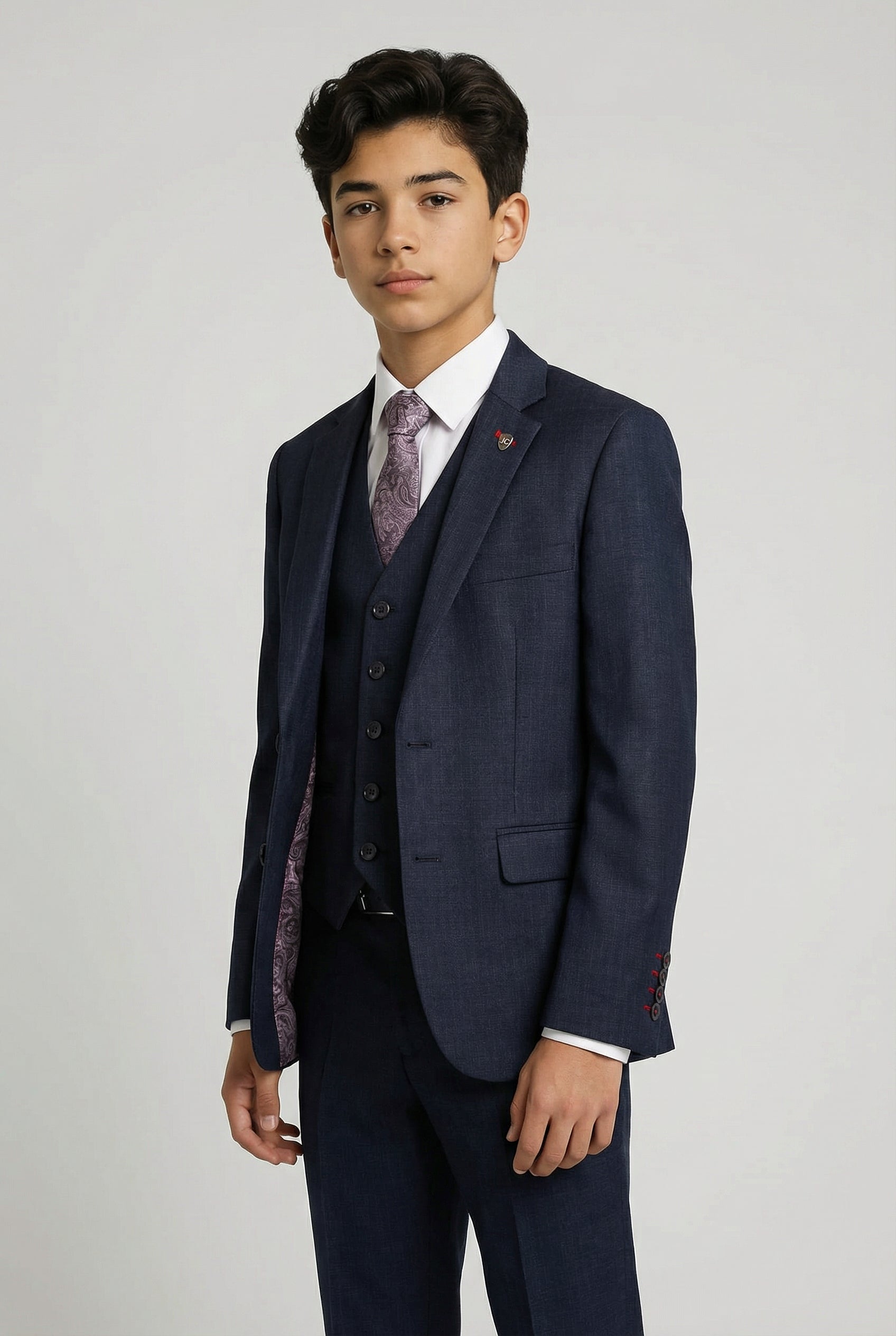 Boys 5-Piece Textured Weave Tailored Fit Suit - LORENZO - Navy Blue