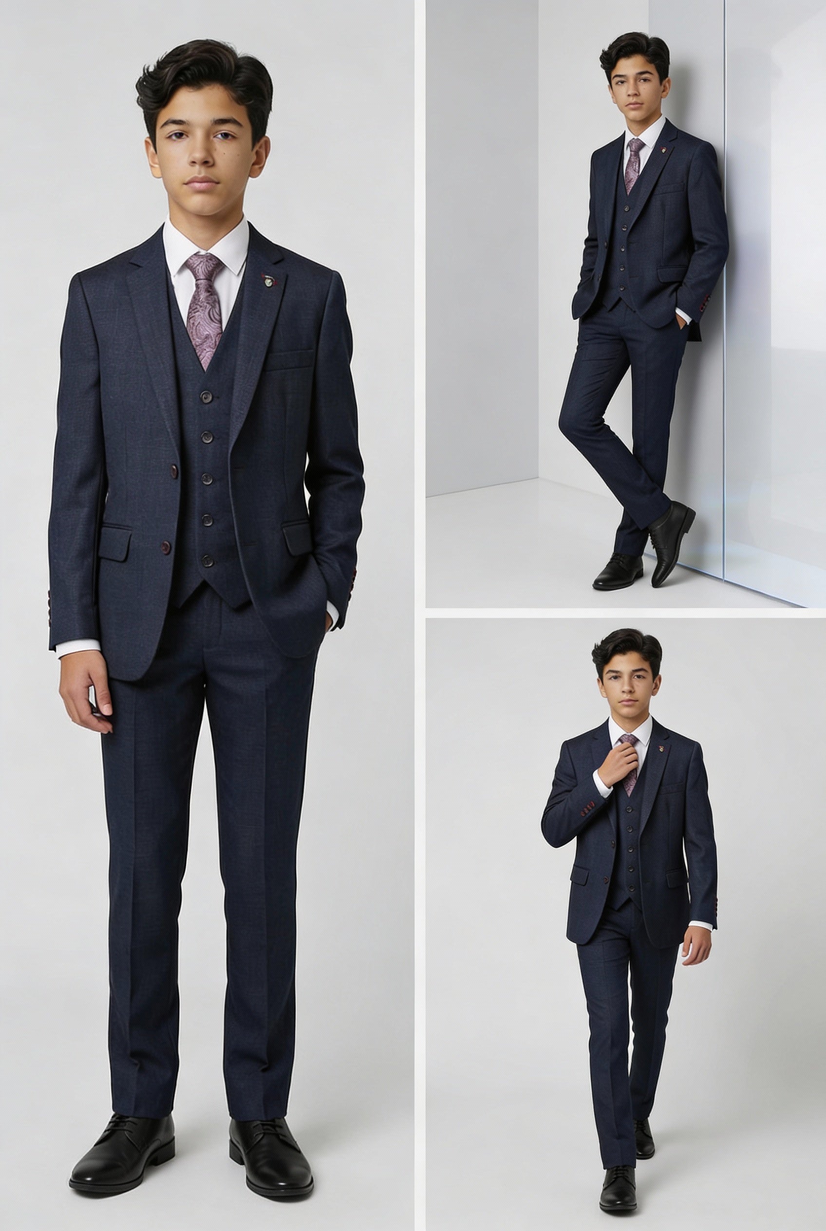 Boys 5-Piece Textured Weave Tailored Fit Suit - LORENZO - Navy Blue