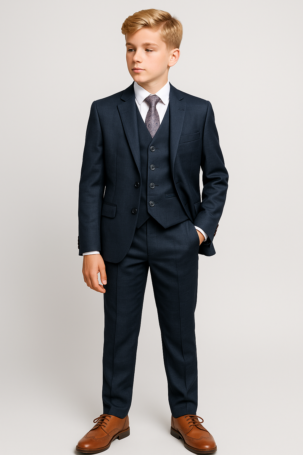 Boys 5-Piece Textured Weave Tailored Fit Suit - LORENZO - Navy Blue