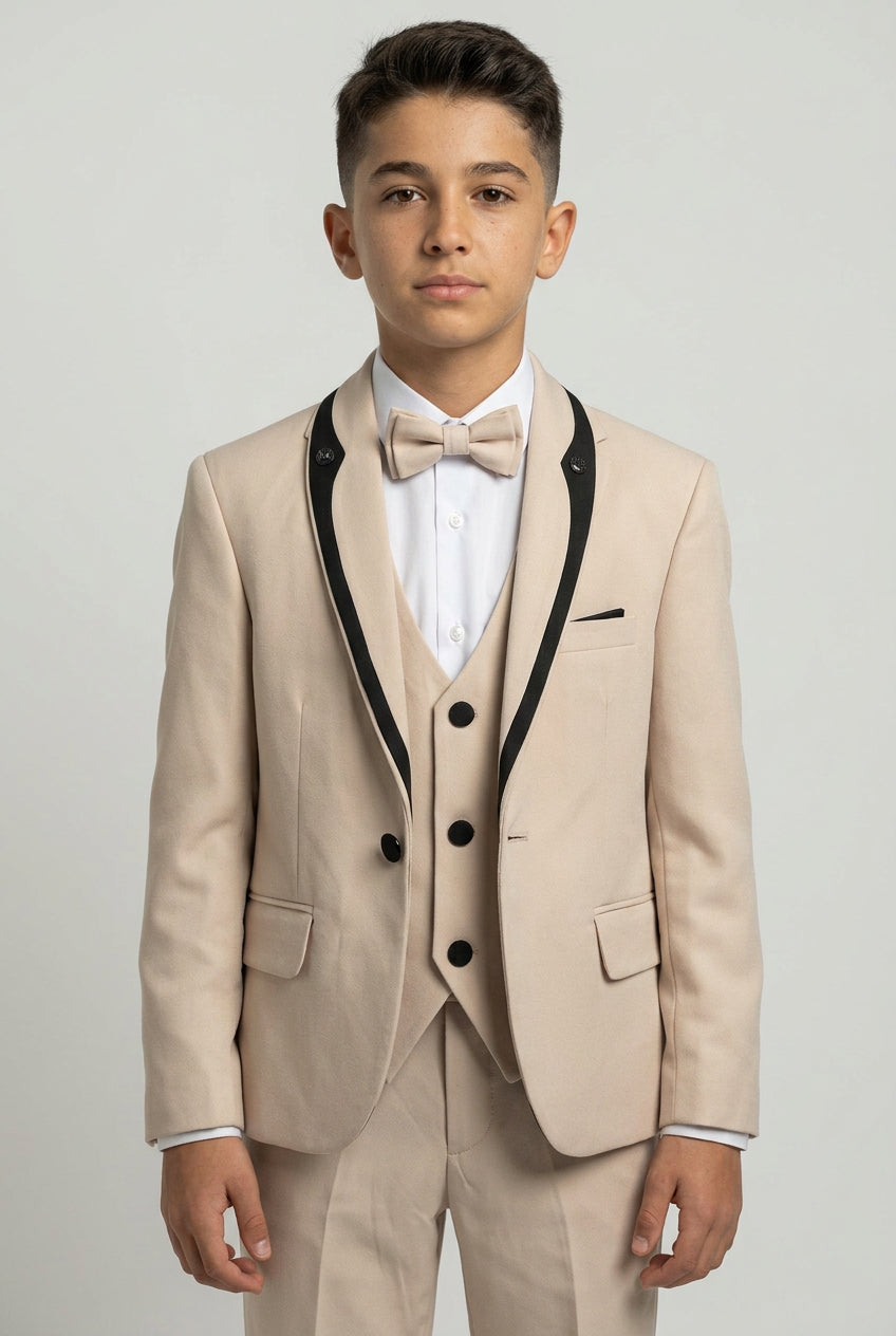 Boys 5-Piece Tuxedo Suit with Removable Velvet Shawl Collar - Beige