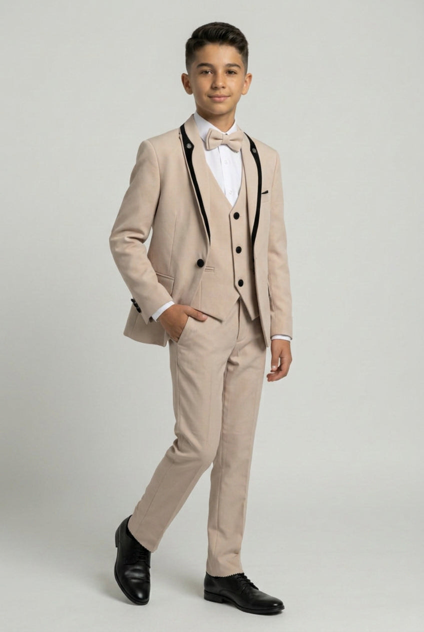 Boys 5-Piece Tuxedo Suit with Removable Velvet Shawl Collar - Beige