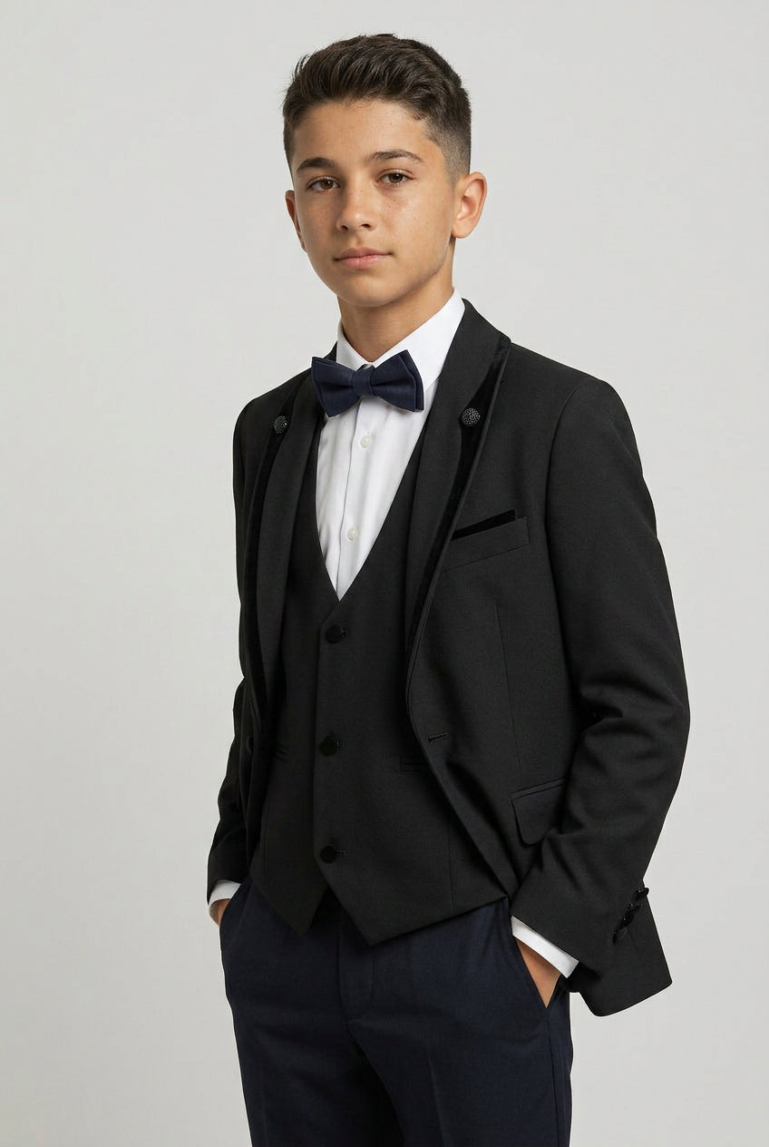 Boys 5-Piece Tuxedo Suit with Removable Velvet Shawl Collar - Black
