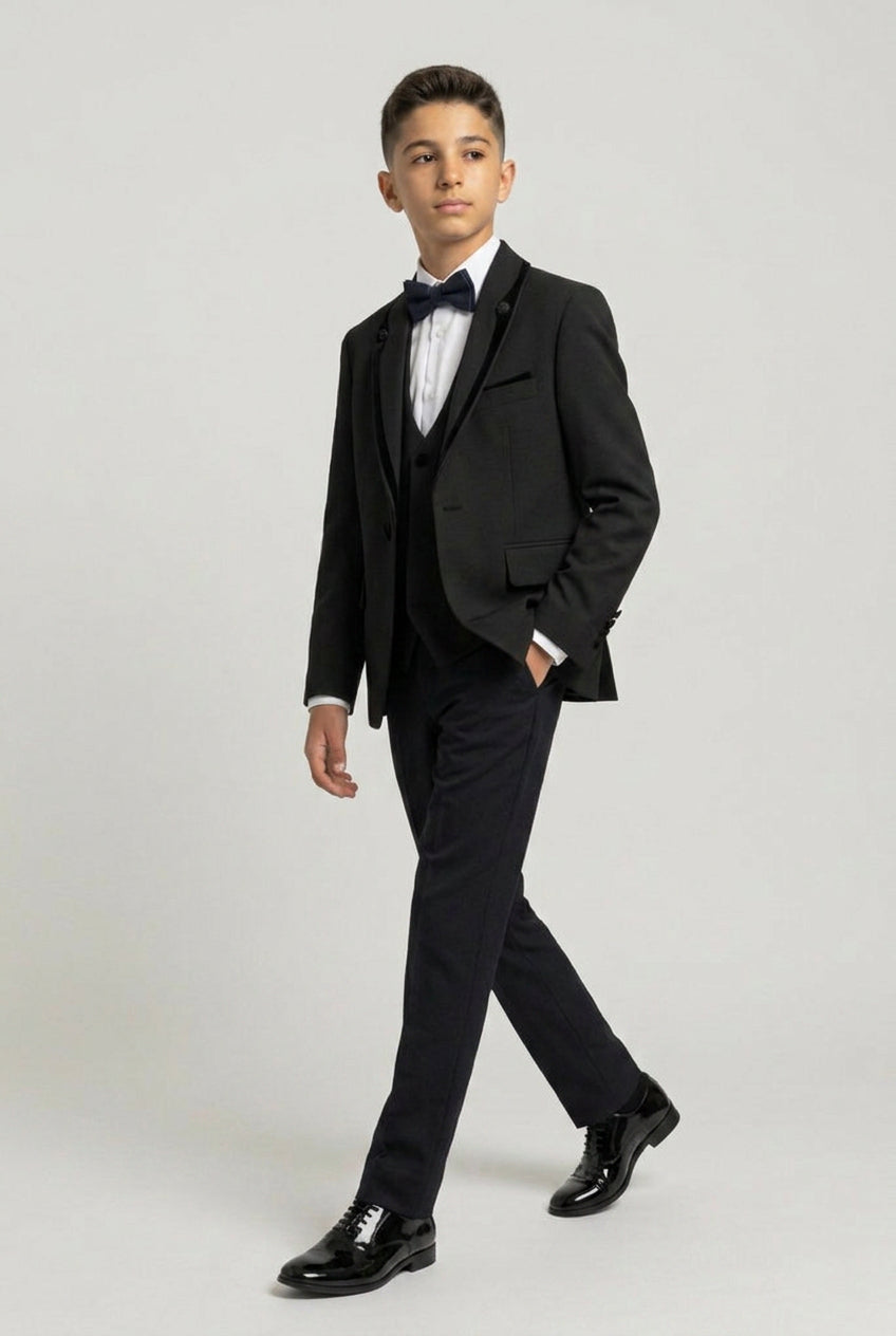 Boys 5-Piece Tuxedo Suit with Removable Velvet Shawl Collar - Black