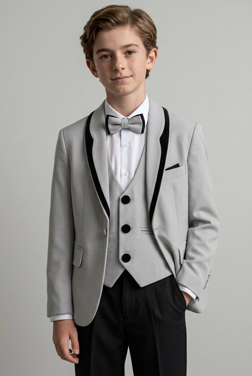 Boys 5-Piece Tuxedo Suit with Removable Velvet Shawl Collar - Grey