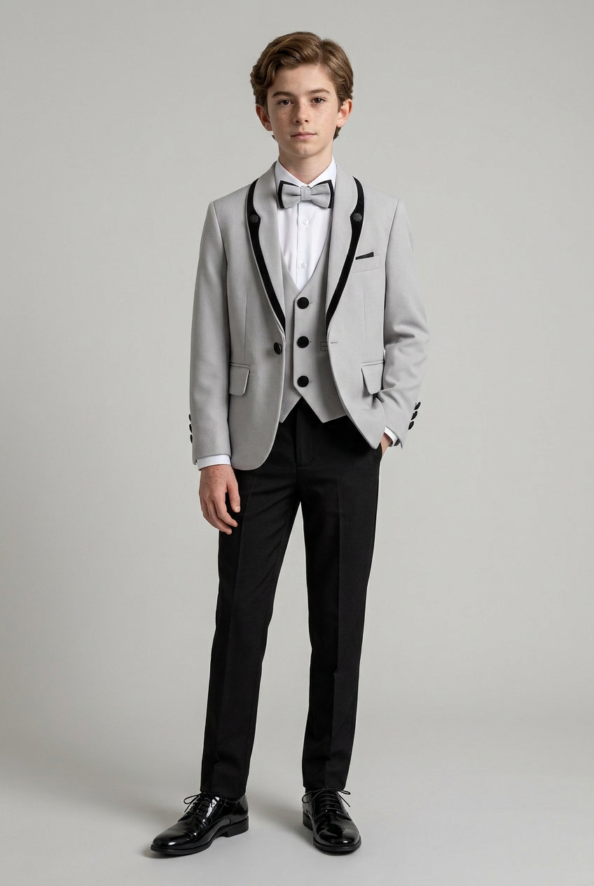 Boys 5-Piece Tuxedo Suit with Removable Velvet Shawl Collar - Grey