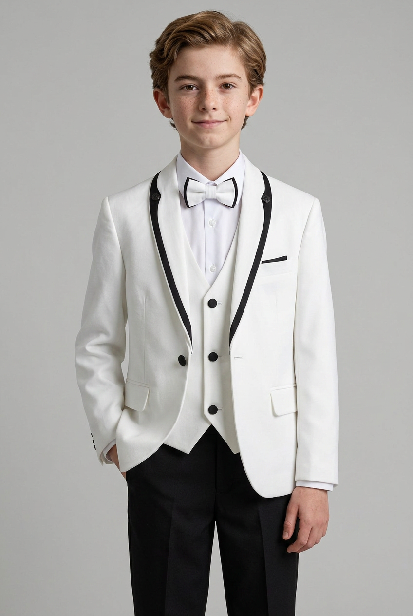 Boys 5-Piece Tuxedo Suit with Removable Velvet Shawl Collar - White