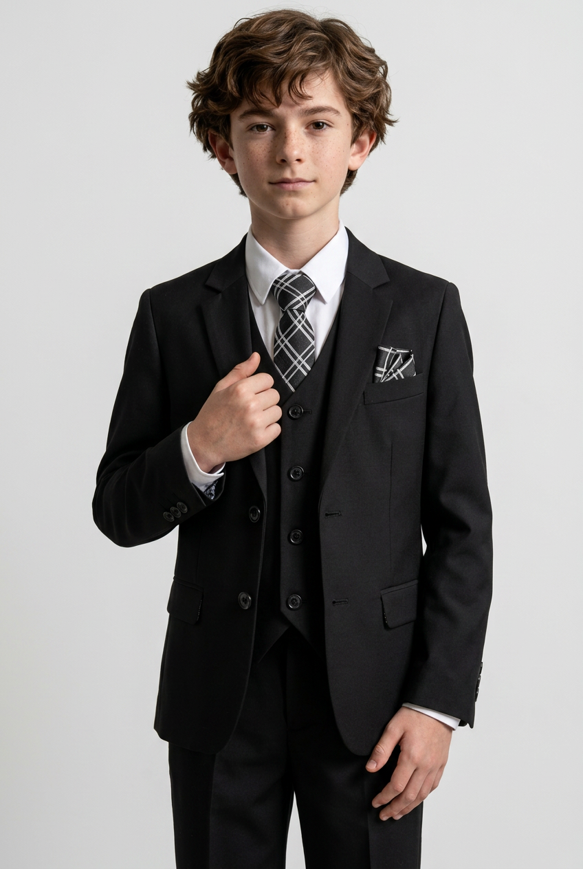Boys 5 Piece Formal Suit with Waistcoat and Tie - 523 Black