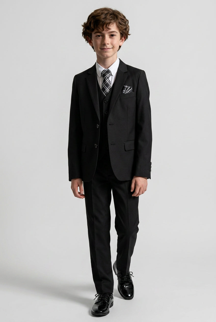 Boys 5 Piece Formal Suit with Waistcoat and Tie - 523 Black