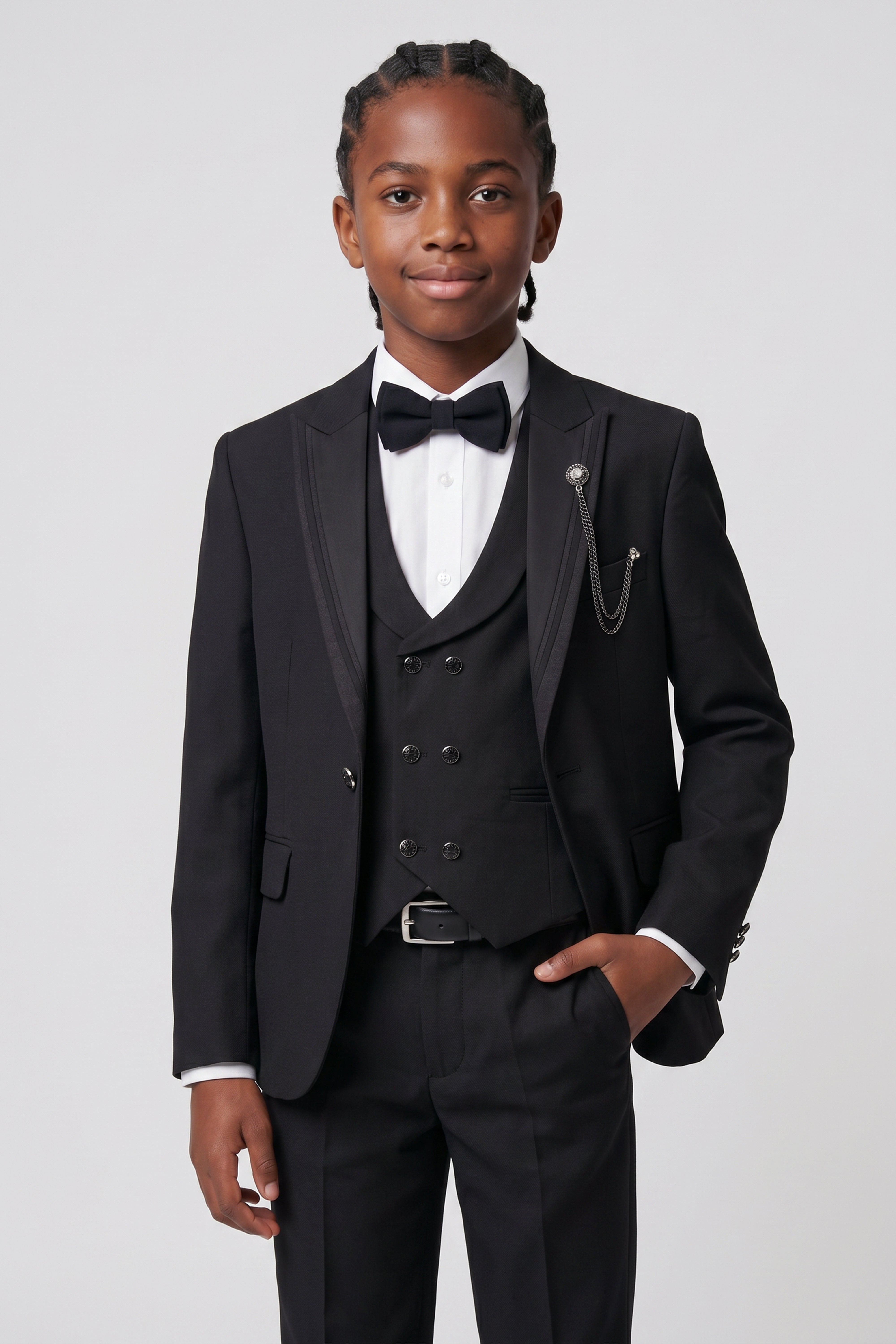 Boys 6-Piece Tuxedo Dinner Suit with Double Breasted Waistcoat - DAMATLIK W - Black