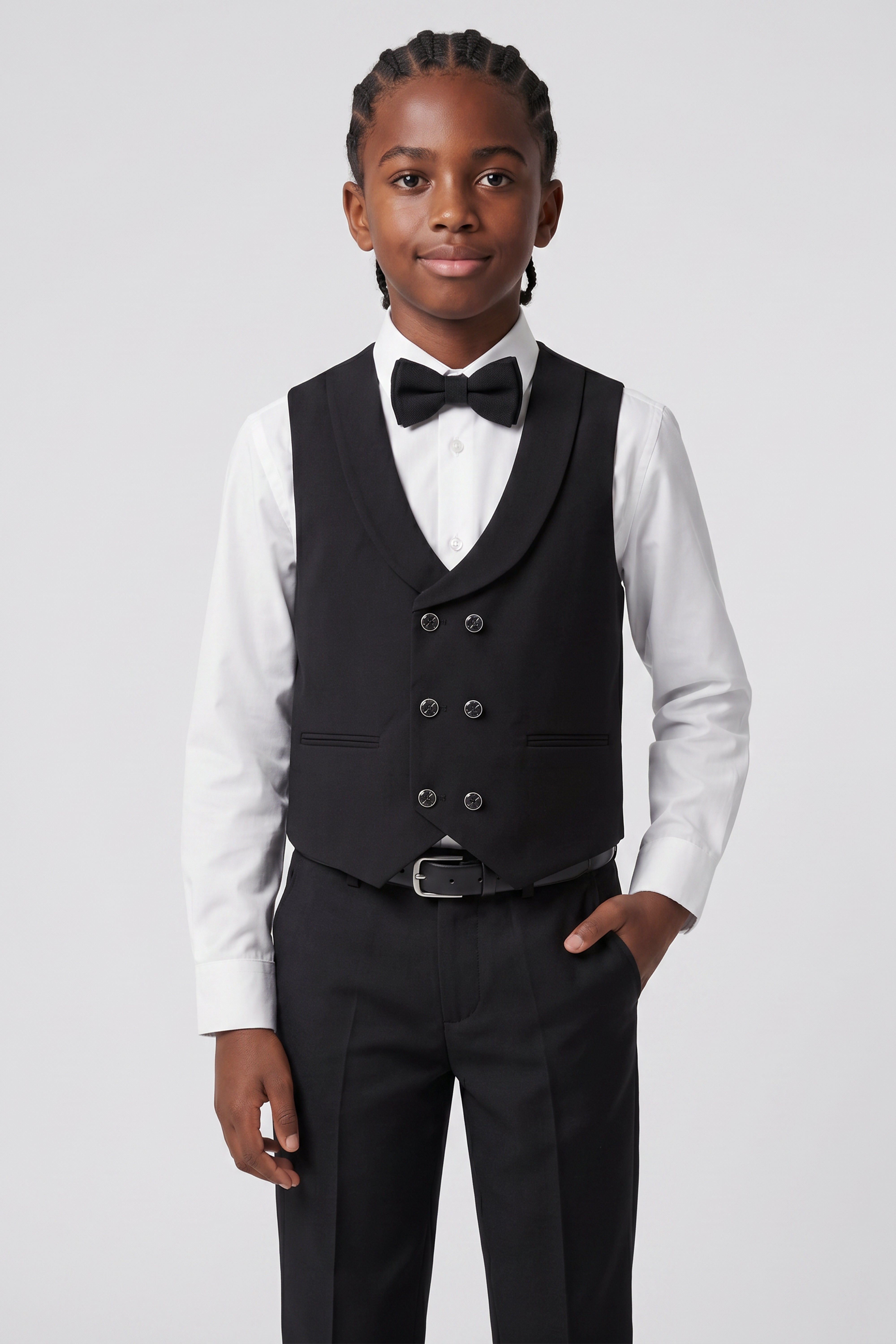 Boys 6-Piece Tuxedo Dinner Suit with Double Breasted Waistcoat - DAMATLIK W - Black