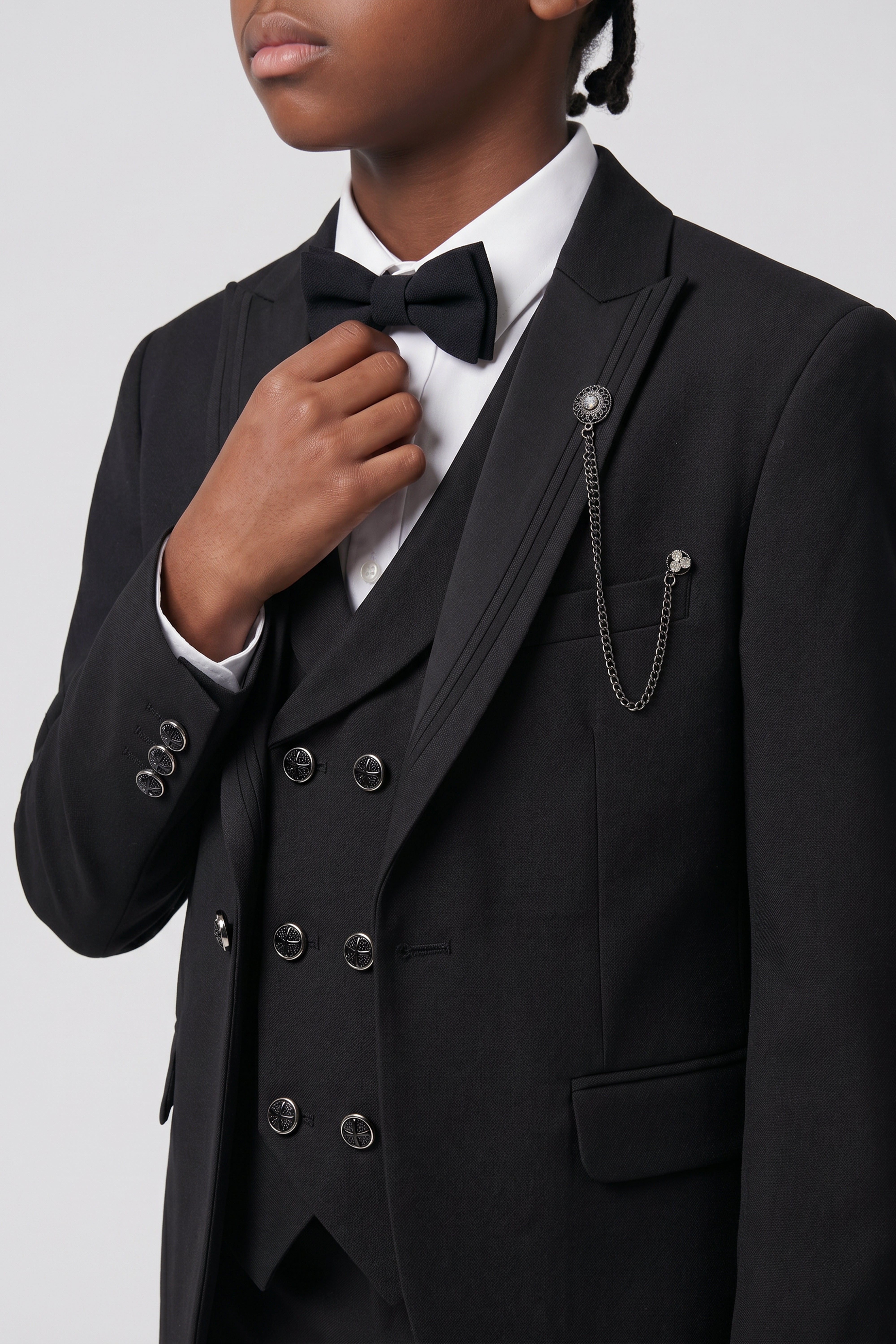Boys 6-Piece Tuxedo Dinner Suit with Double Breasted Waistcoat - DAMATLIK W - Black
