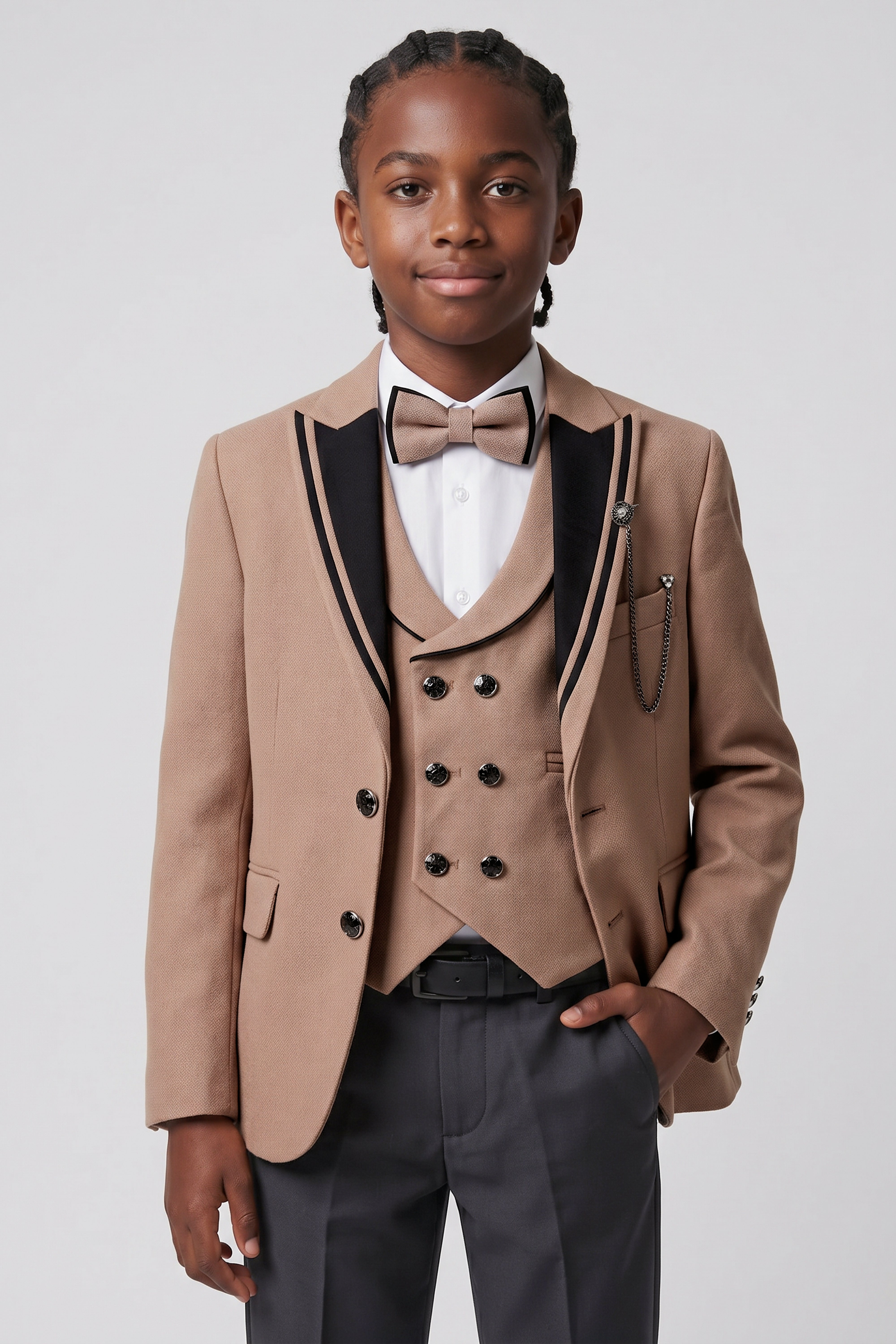 Boys 6-Piece Tuxedo Dinner Suit with Double Breasted Waistcoat - DAMATLIK W - Camel Brown