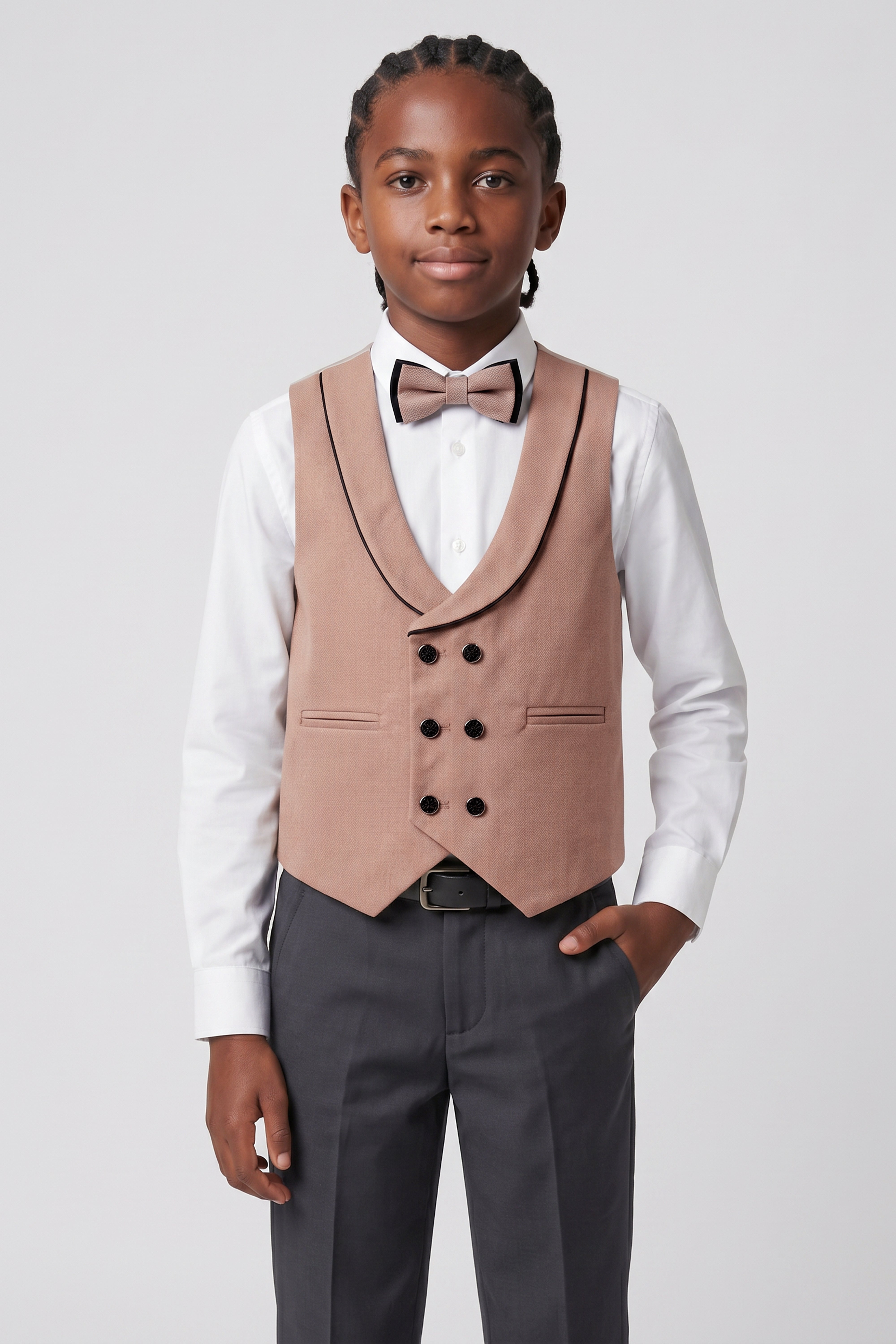 Boys 6-Piece Tuxedo Dinner Suit with Double Breasted Waistcoat - DAMATLIK W - Camel Brown
