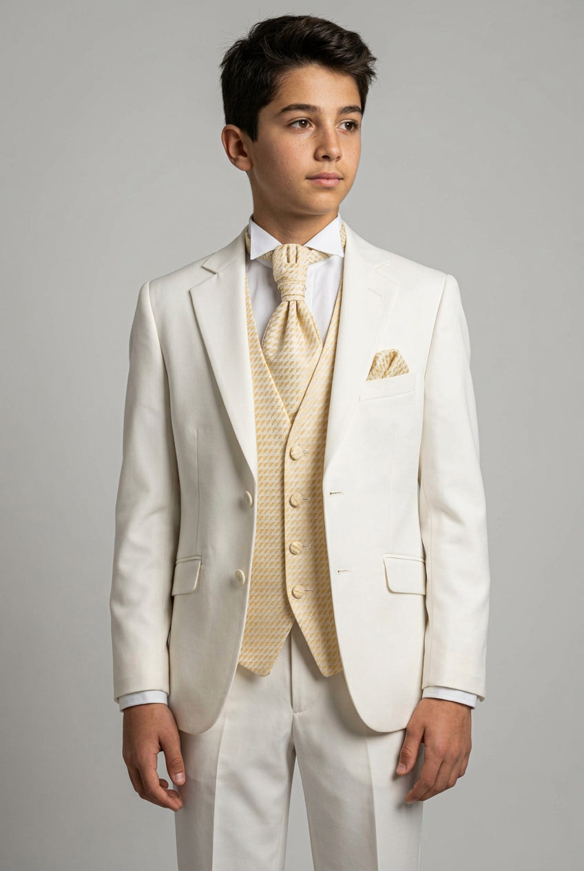 Boys 6 Piece Communion Tailored Fit Suit Set - Off White - Gold