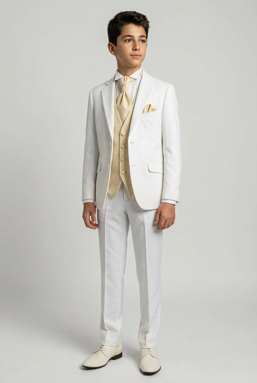 Boys 6 Piece Communion Tailored Fit Suit Set - Off White - Gold