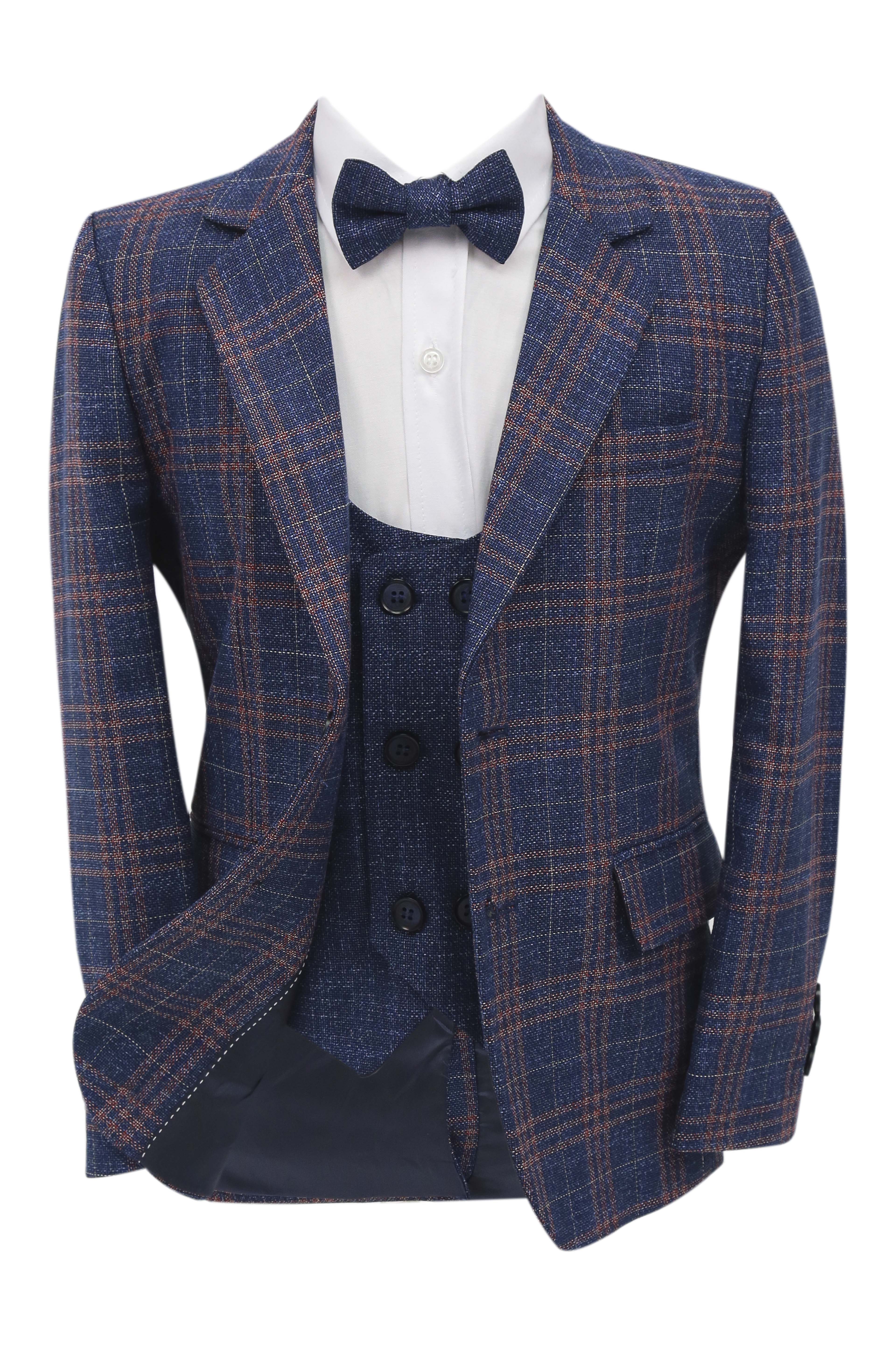 Boys 7 Pieces Check Plaid Suit Set - Navy Blue