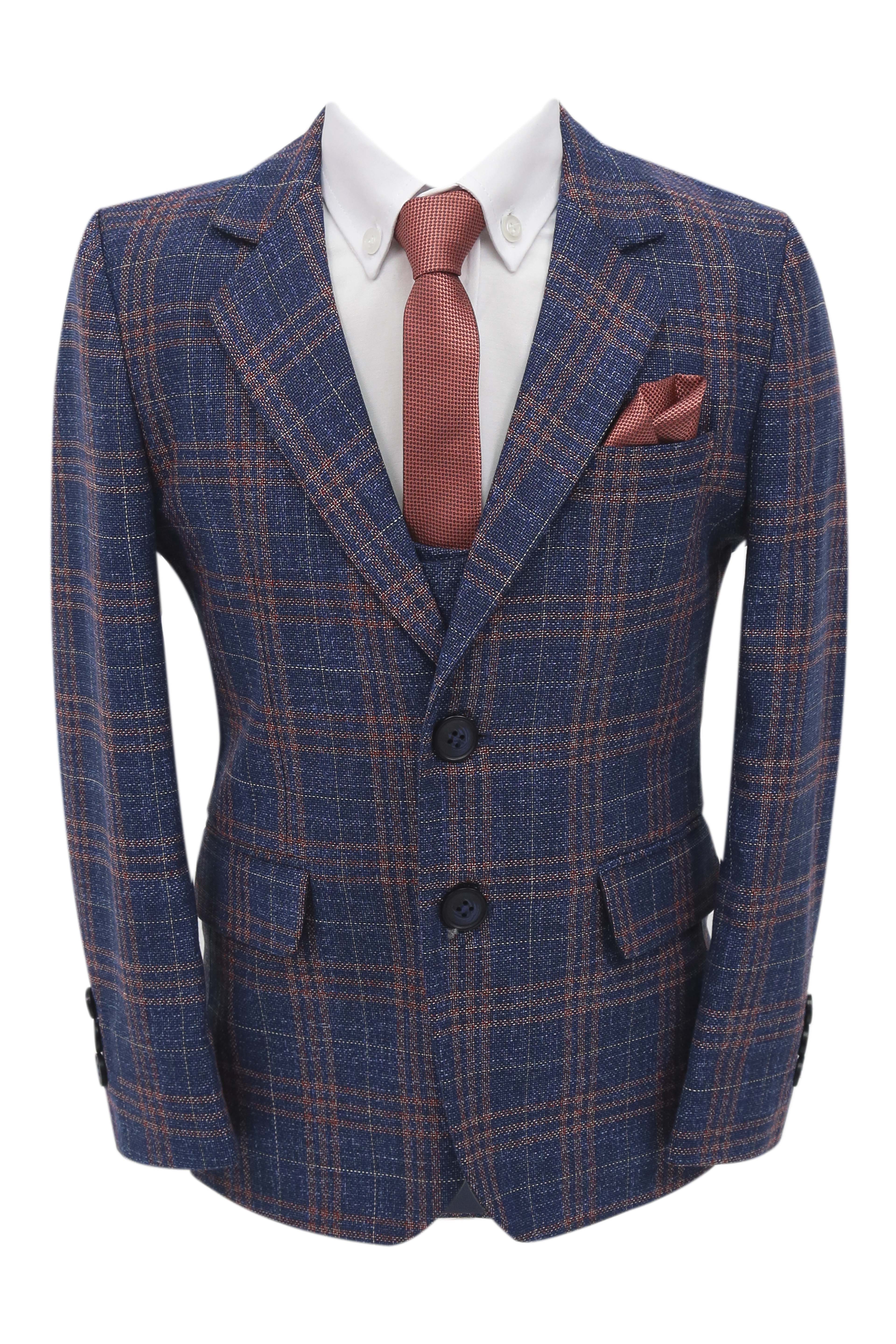 Boys 7 Pieces Check Plaid Suit Set - Navy Blue